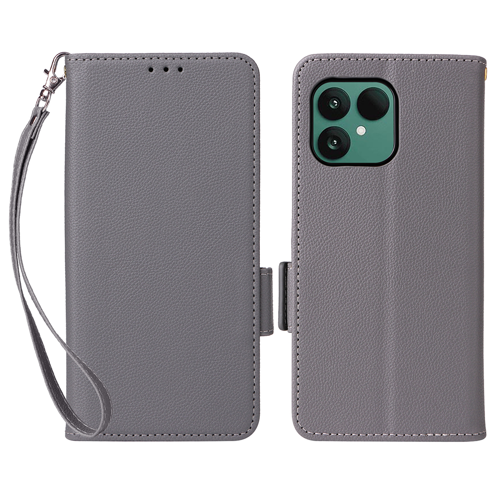 For Fairphone 6 Case with Wrist Strap Litchi Texture PU Leather Wallet Phone Cover - Grey