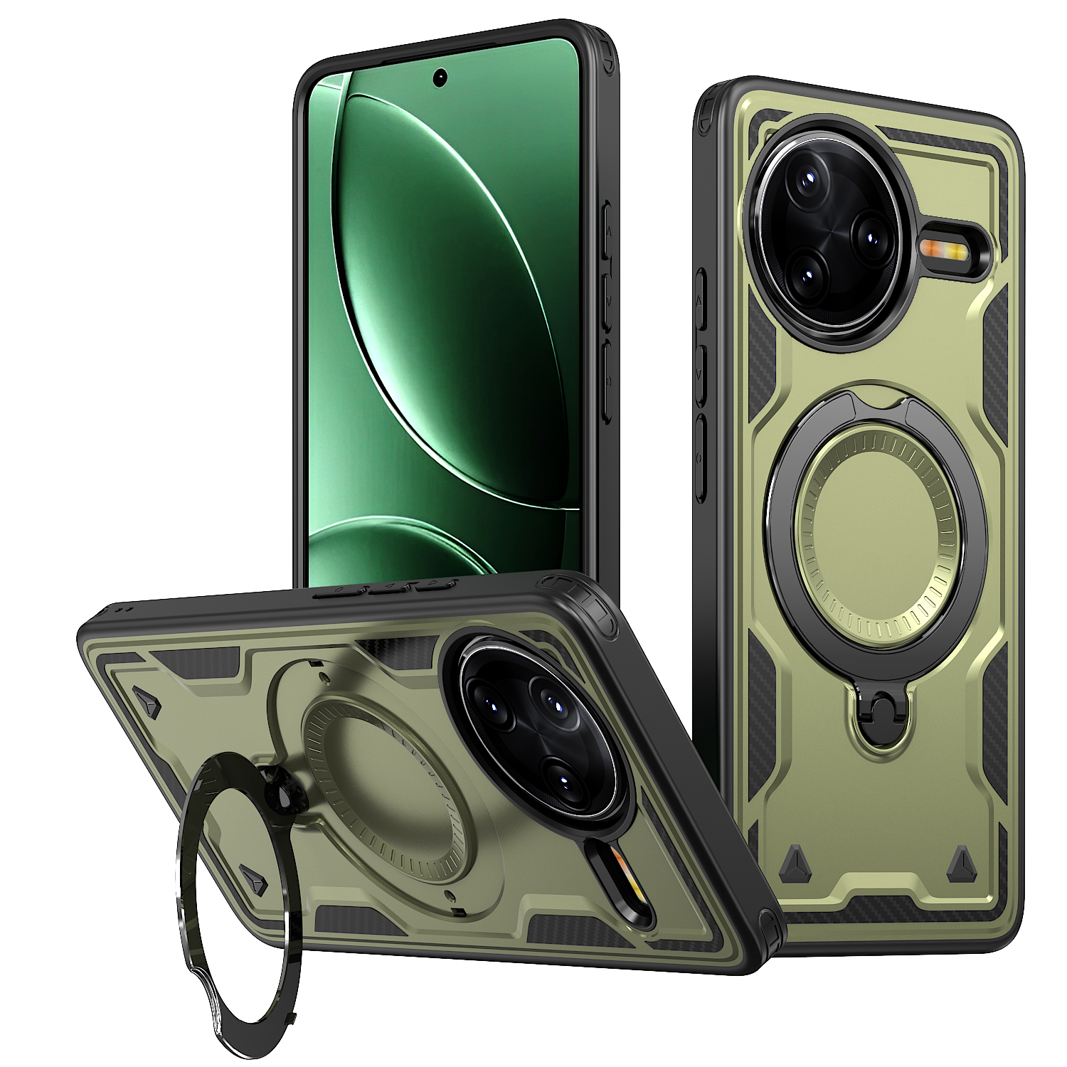 Magnetic Case For Xiaomi Redmi K80 5G / K80 Pro 5G / Poco F7 Pro 5G / F7 Ultra 5G Military Protection PC + TPU Kickstand Phone Cover - Olive Green