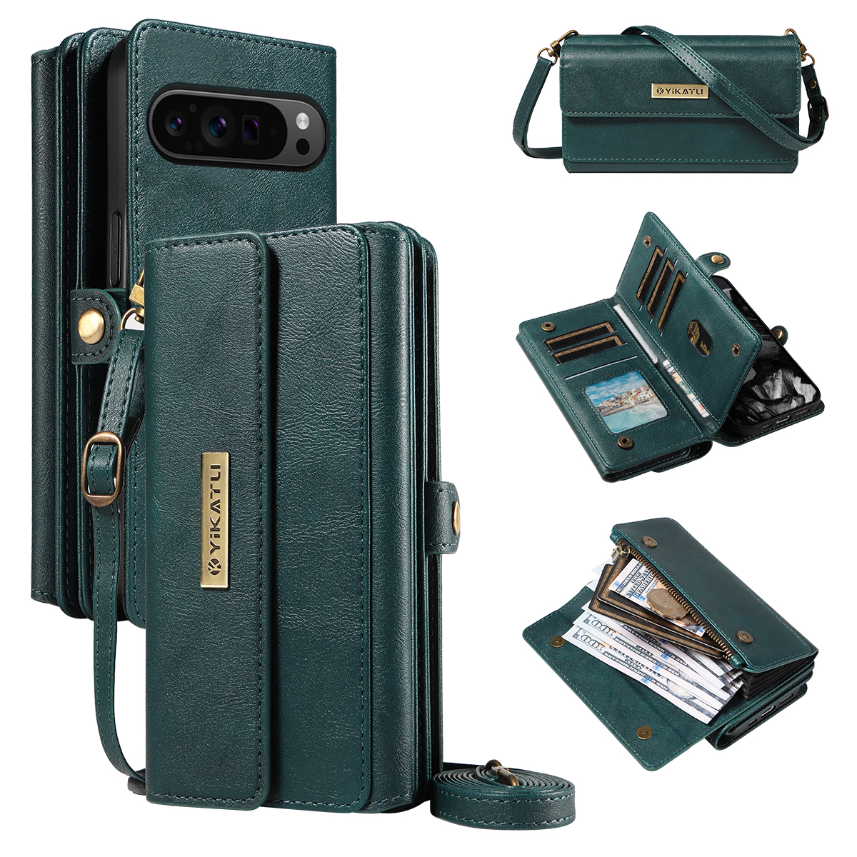 YIKATU For Google Pixel 10 Pro / Google Pixel 9 / Google Pixel 9 Pro / Google Pixel 10 Case  YK-008 Zipper Wallet Leather Phone Cover with Shoulder St