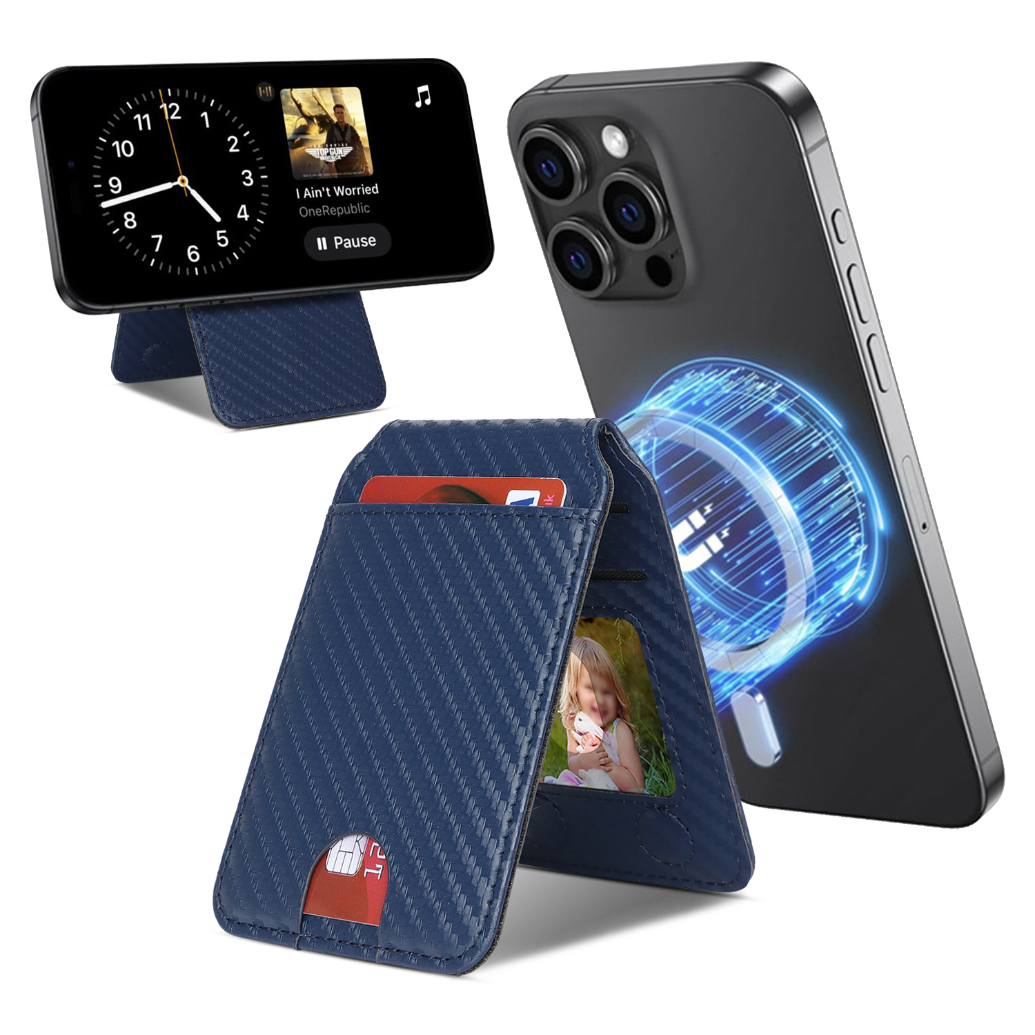 Magnetic Cellphone Back Card Bag 5 Card Slots PU Leather Phone Kickstand - Carbon Fiber / Blue