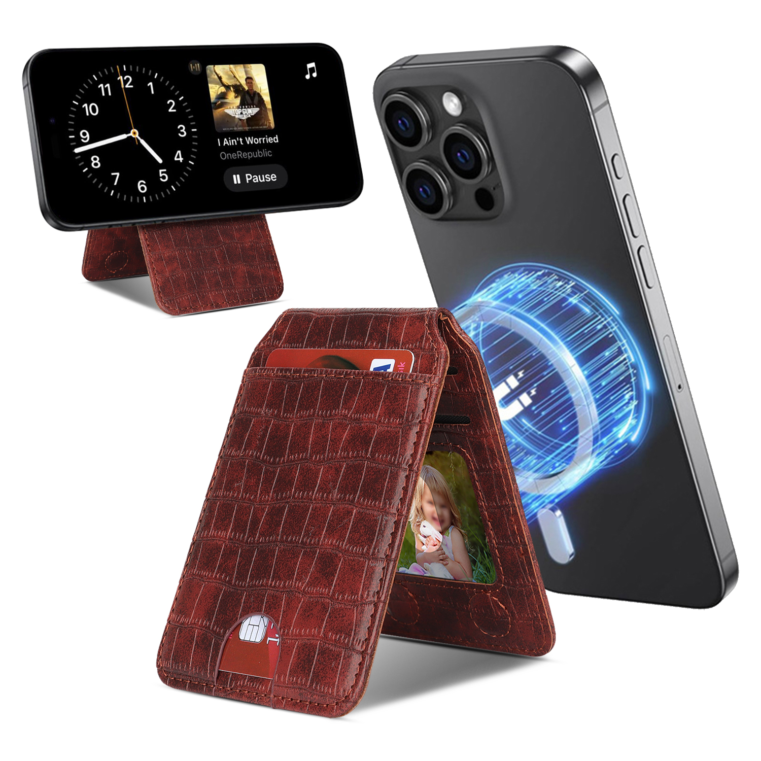 Magnetic Cellphone Back Card Bag 5 Card Slots PU Leather Phone Kickstand - Crocodile / Dark Brown