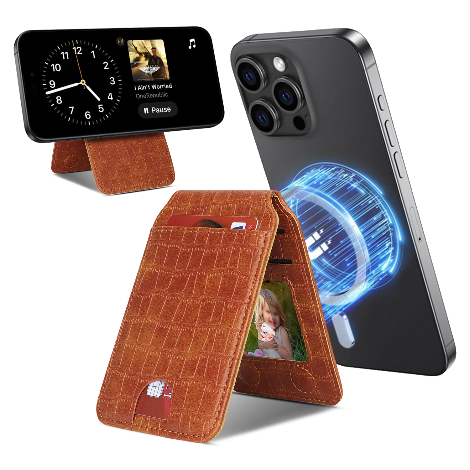 Magnetic Cellphone Back Card Bag 5 Card Slots PU Leather Phone Kickstand - Crocodile / Brown