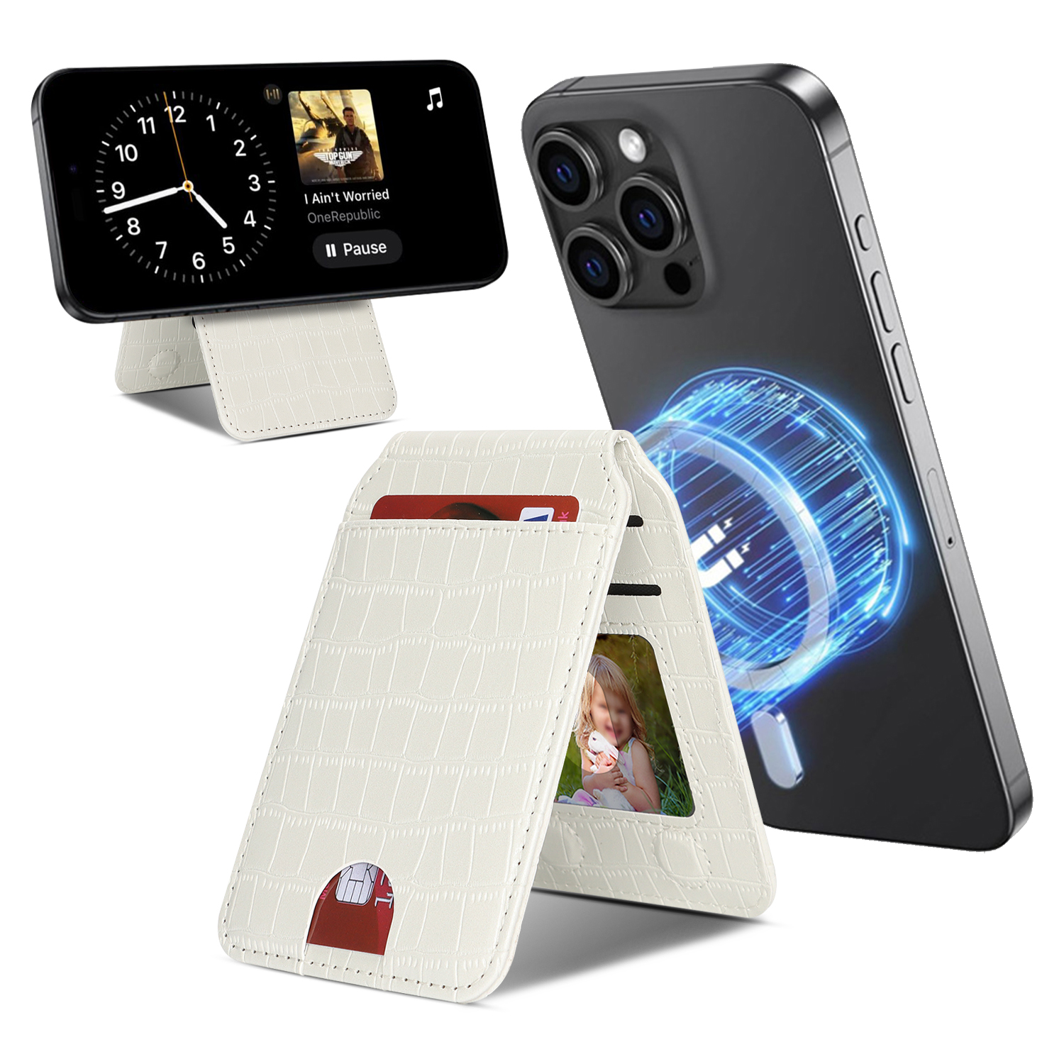 Magnetic Cellphone Back Card Bag 5 Card Slots PU Leather Phone Kickstand - Crocodile / White