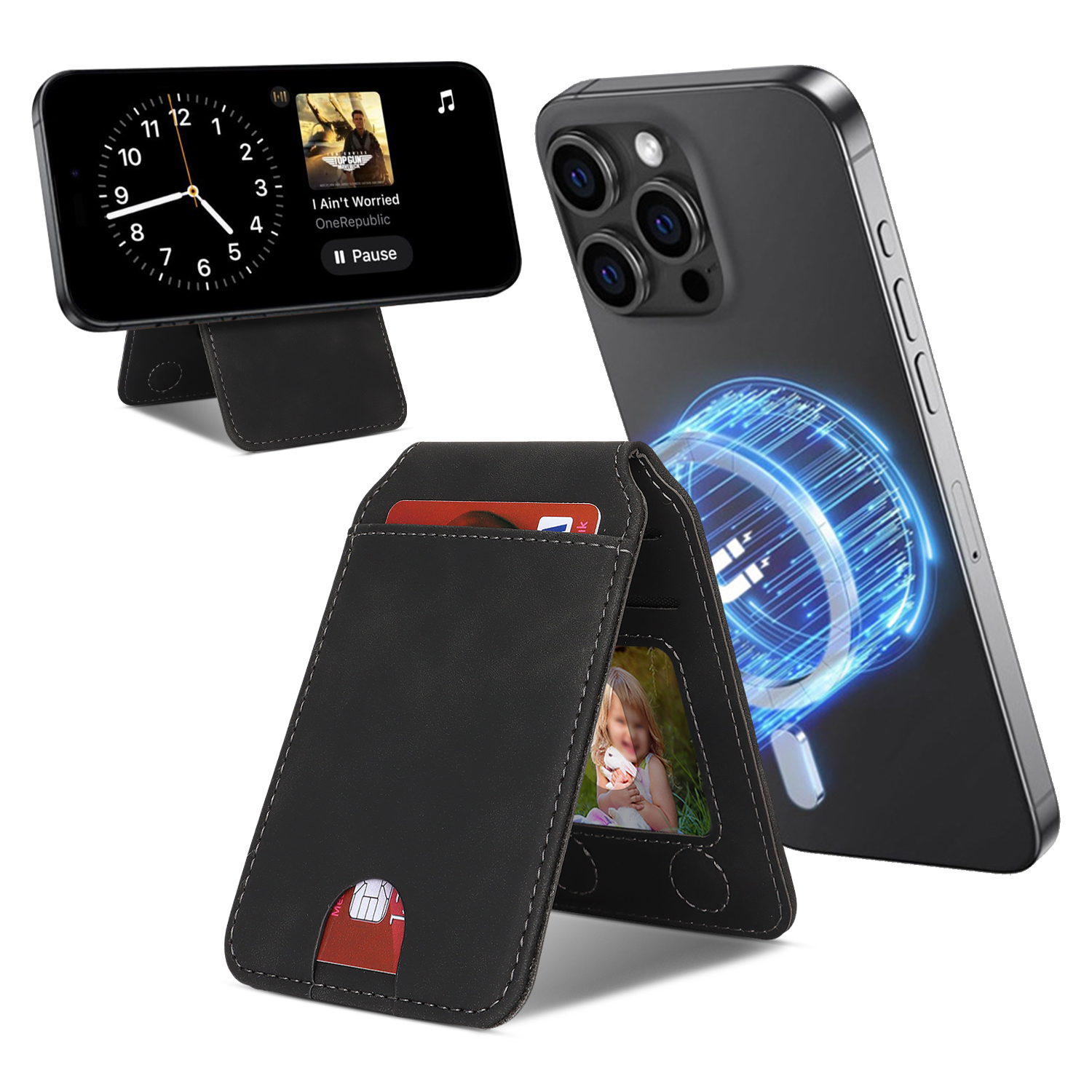 Magnetic Cellphone Back Card Bag 5 Card Slots PU Leather Phone Kickstand - Skin Touch / Black