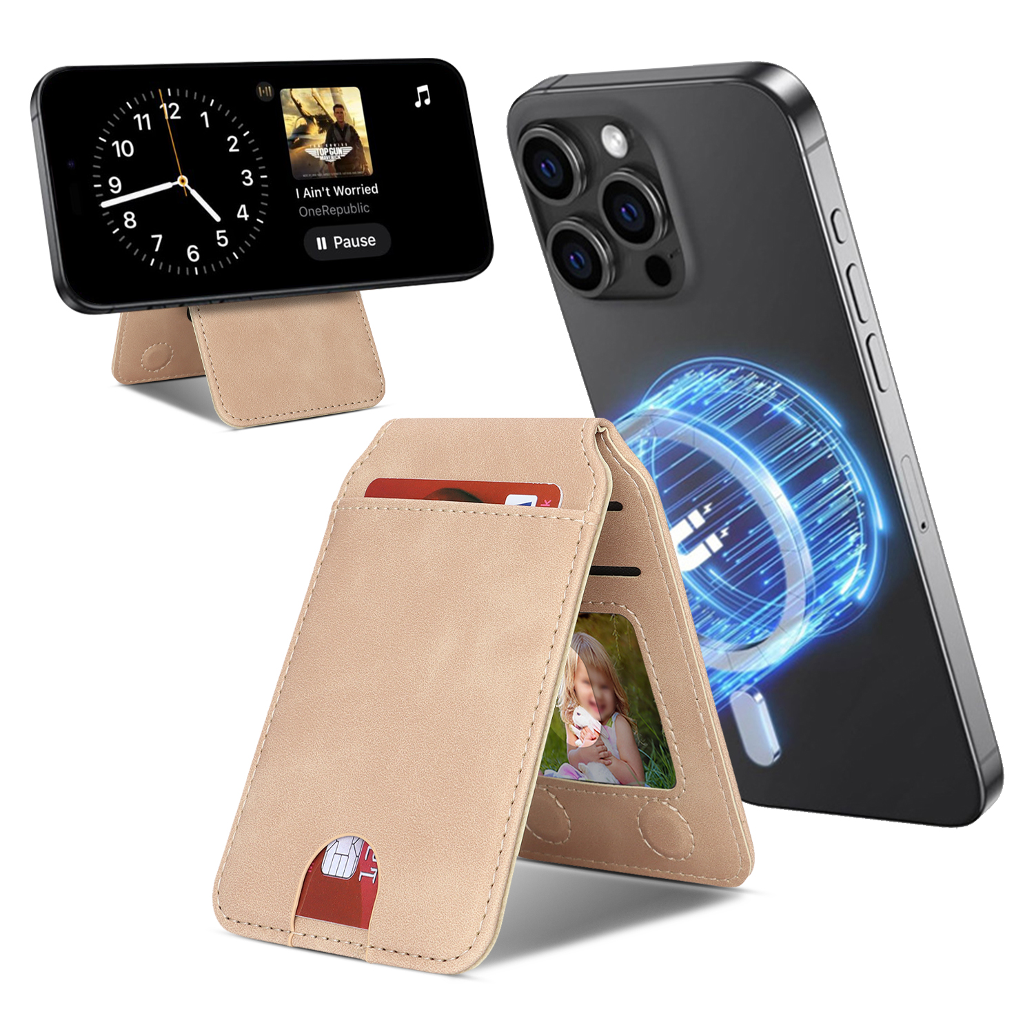 Magnetic Cellphone Back Card Bag 5 Card Slots PU Leather Phone Kickstand - Skin Touch / Beige