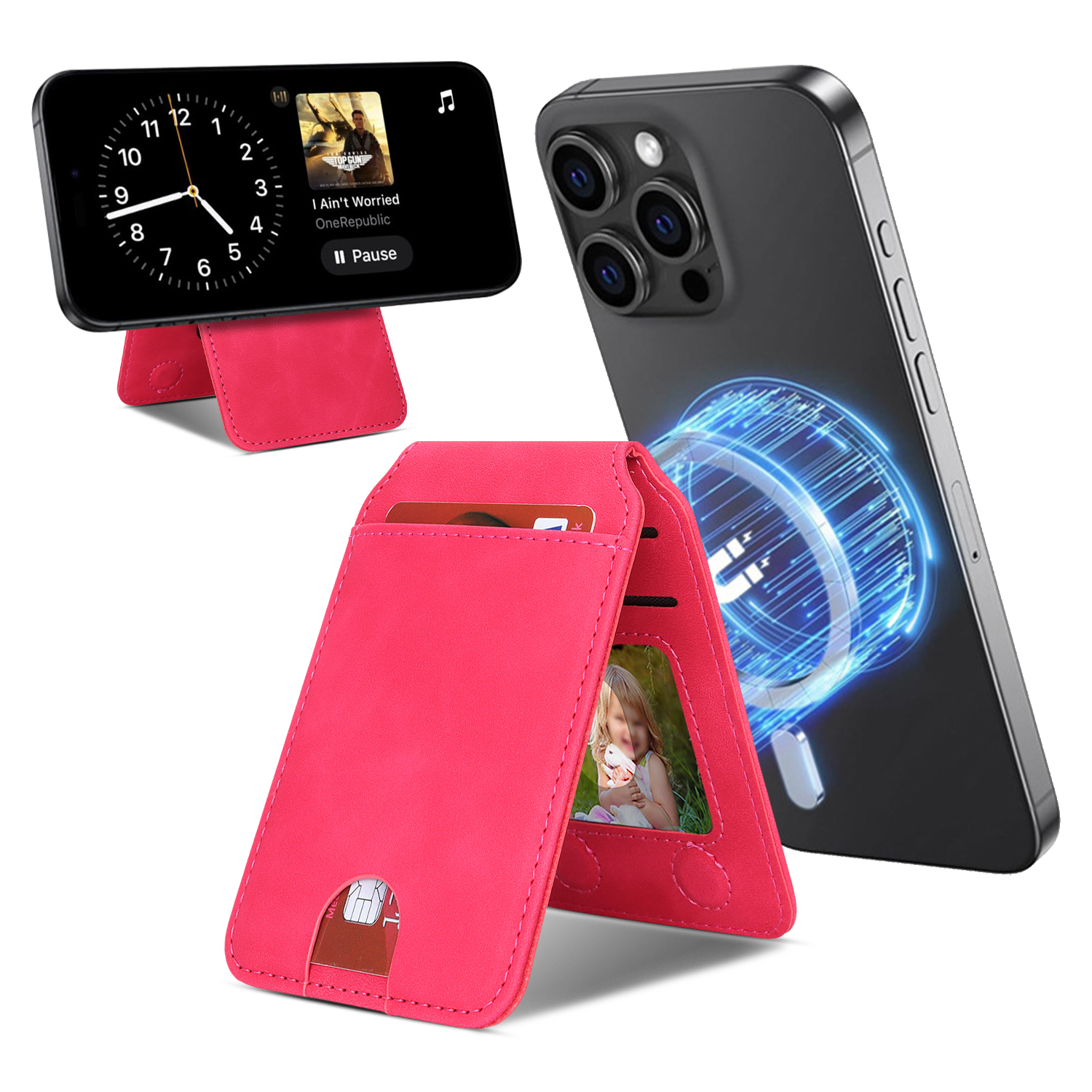 Magnetic Cellphone Back Card Bag 5 Card Slots PU Leather Phone Kickstand - Skin Touch / Rose