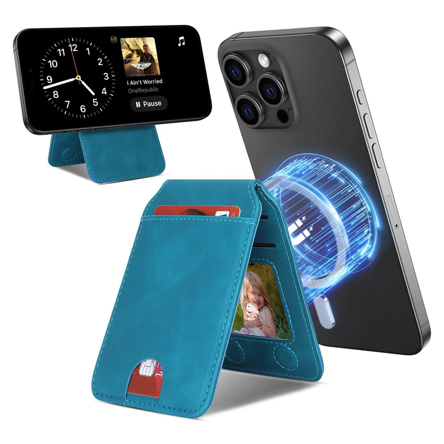 Magnetic Cellphone Back Card Bag 5 Card Slots PU Leather Phone Kickstand - Skin Touch / Blue
