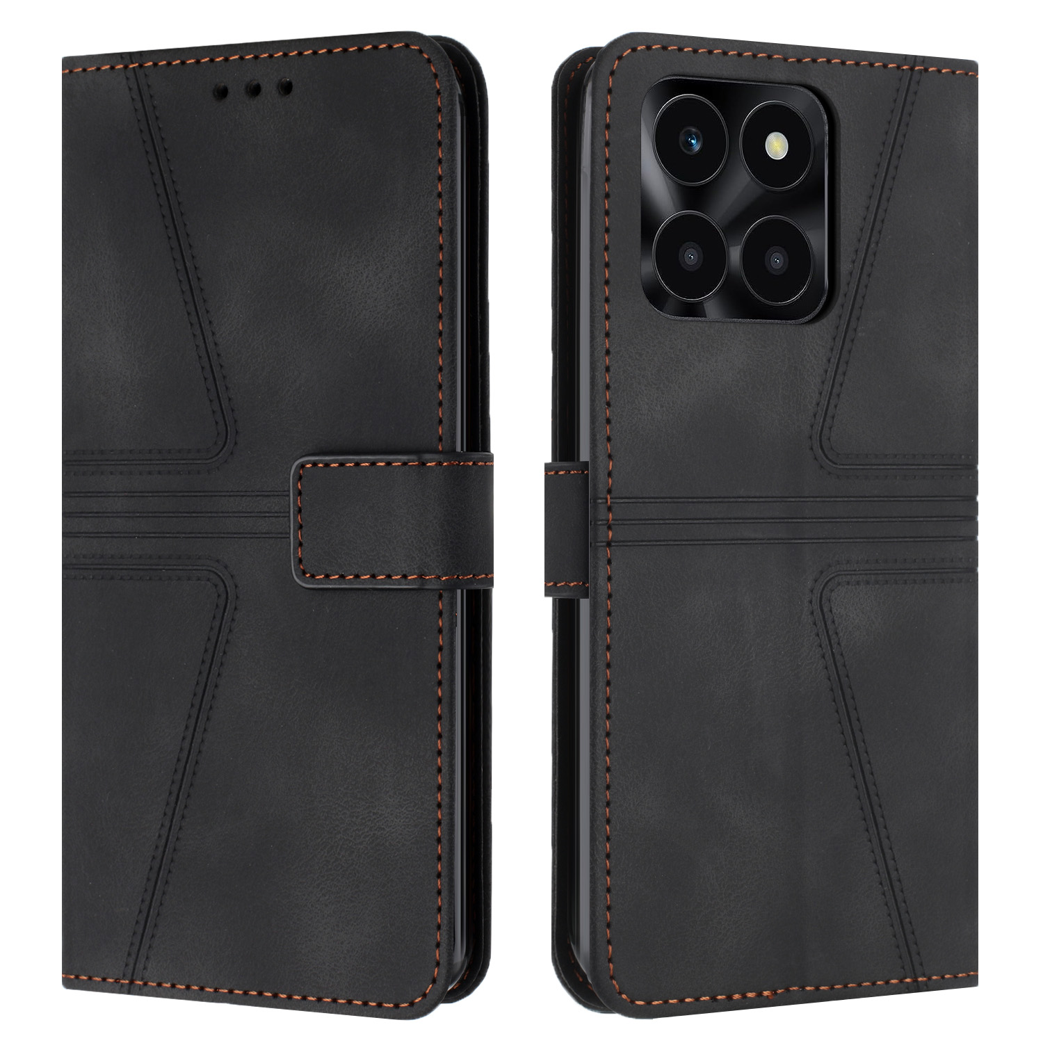 Wallet Case for Honor X6c 4G / X6b 4G / X6a 4G / X5b / X5b Plus Triangle Imprinted Anti-Scratch Phone Cover - Black
