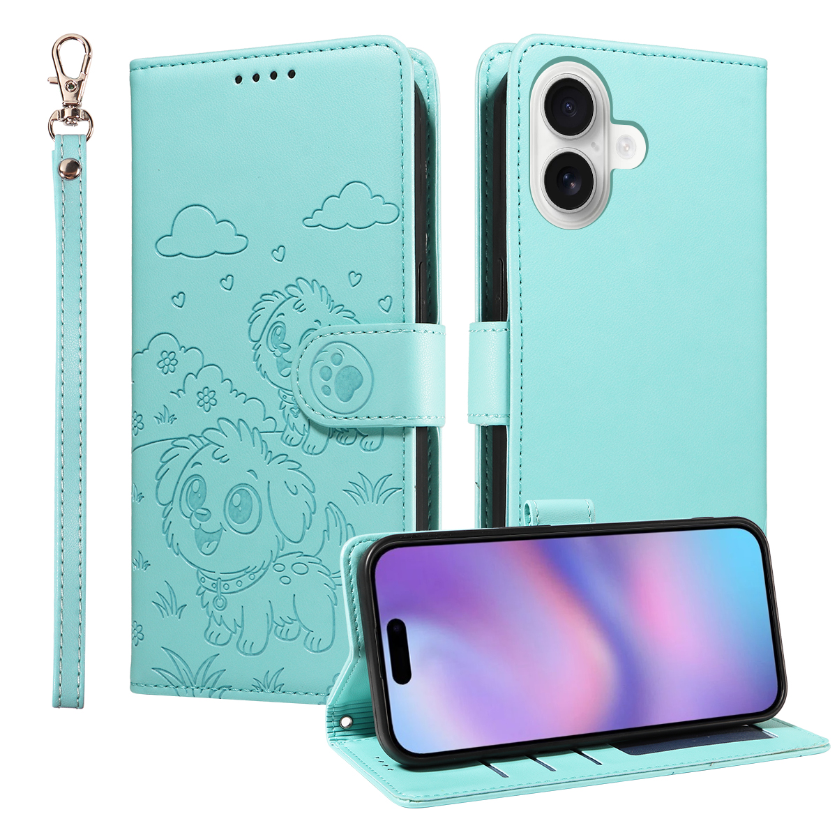 For iPhone 17 Case RFID Blocking Imprinted Dog Pattern PU Leather Phone Cover with Wrist Strap - Green