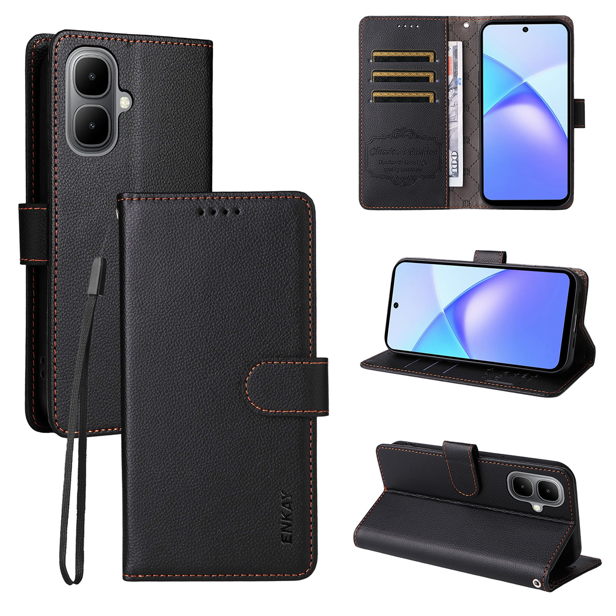 ENKAY HAT PRINCE For TECNO Pop 10 / TECNO Spark Go 2 4G / Infinix Smart 10 Wallet Case with Strap   RFID Blocking Leather Stand Phone Cover - Black