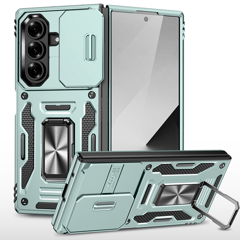 For Samsung Galaxy Z Fold7 5G Case Kickstand Slide Lens Lid PC + TPU Drop-Proof Phone Cover - Green