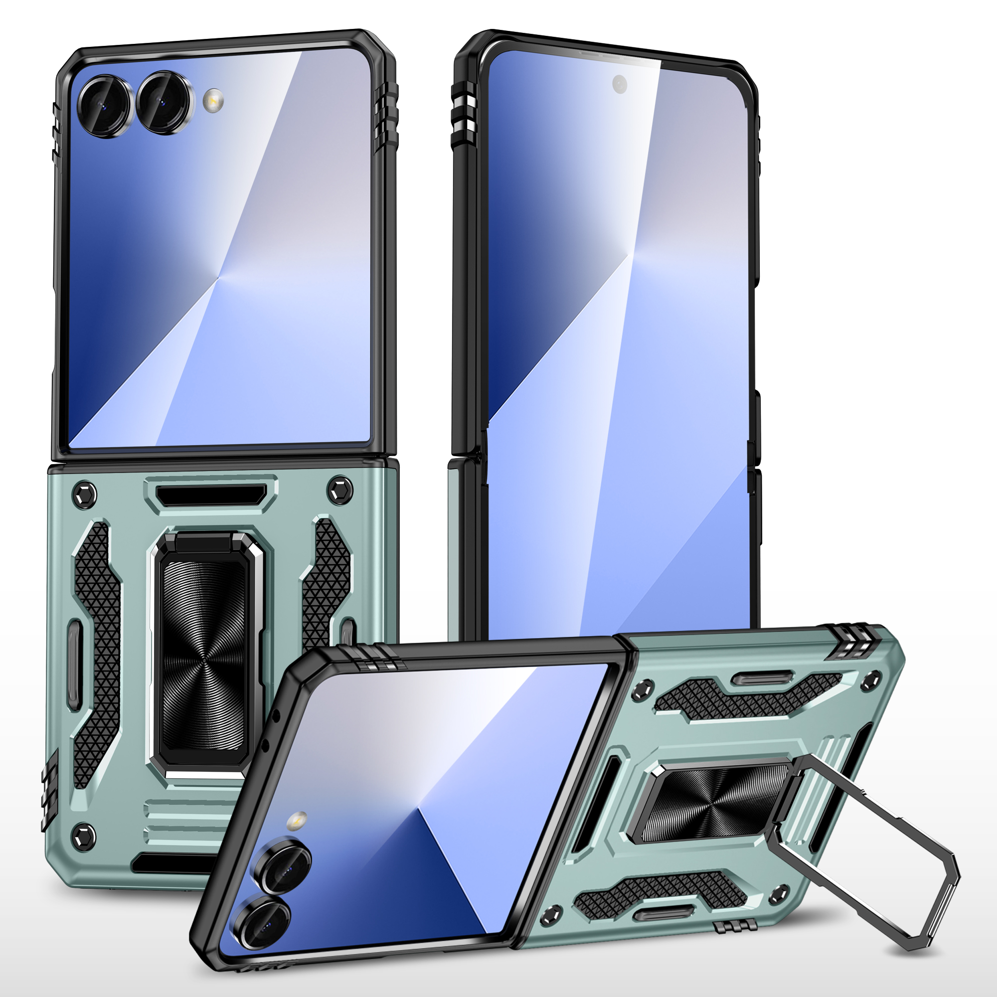 For Samsung Galaxy Z Flip7 5G Case Kickstand Slide Lens Lid PC + TPU Drop-Proof Phone Cover - Green