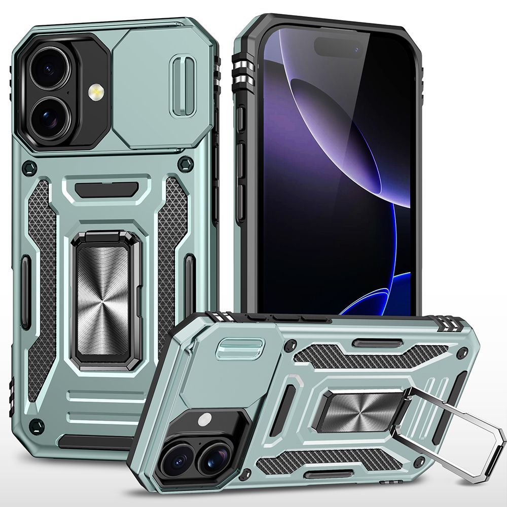 For iPhone 17 Case Kickstand Slide Lens Lid PC + TPU Drop-Proof Phone Cover - Green