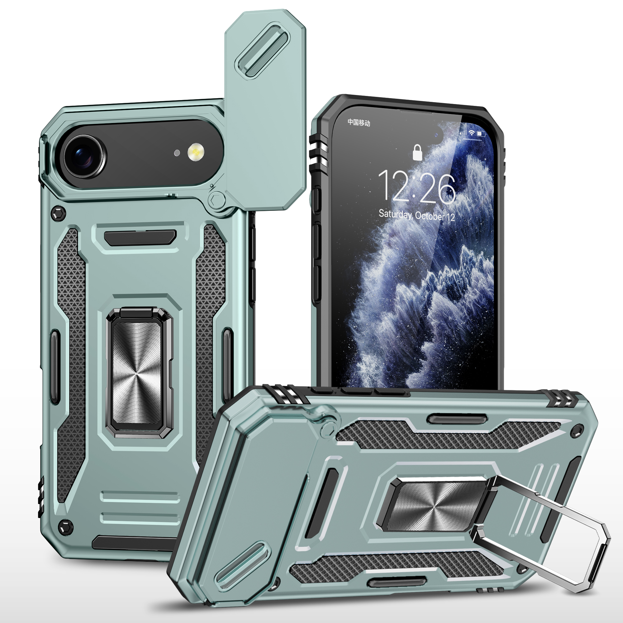 For iPhone Air Case Kickstand Slide Lens Lid PC + TPU Drop-Proof Phone Cover - Green