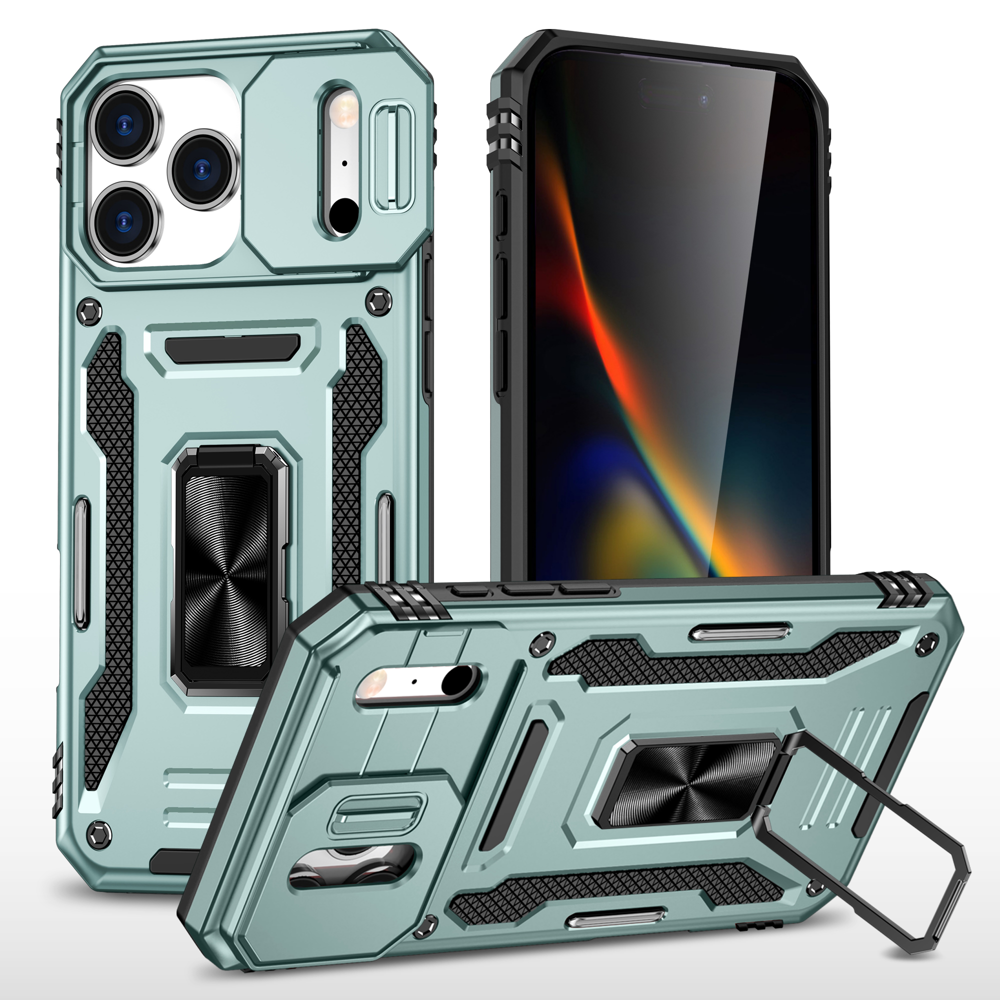 For iPhone 17 Pro Max Case Kickstand Slide Lens Lid PC + TPU Drop-Proof Phone Cover - Green
