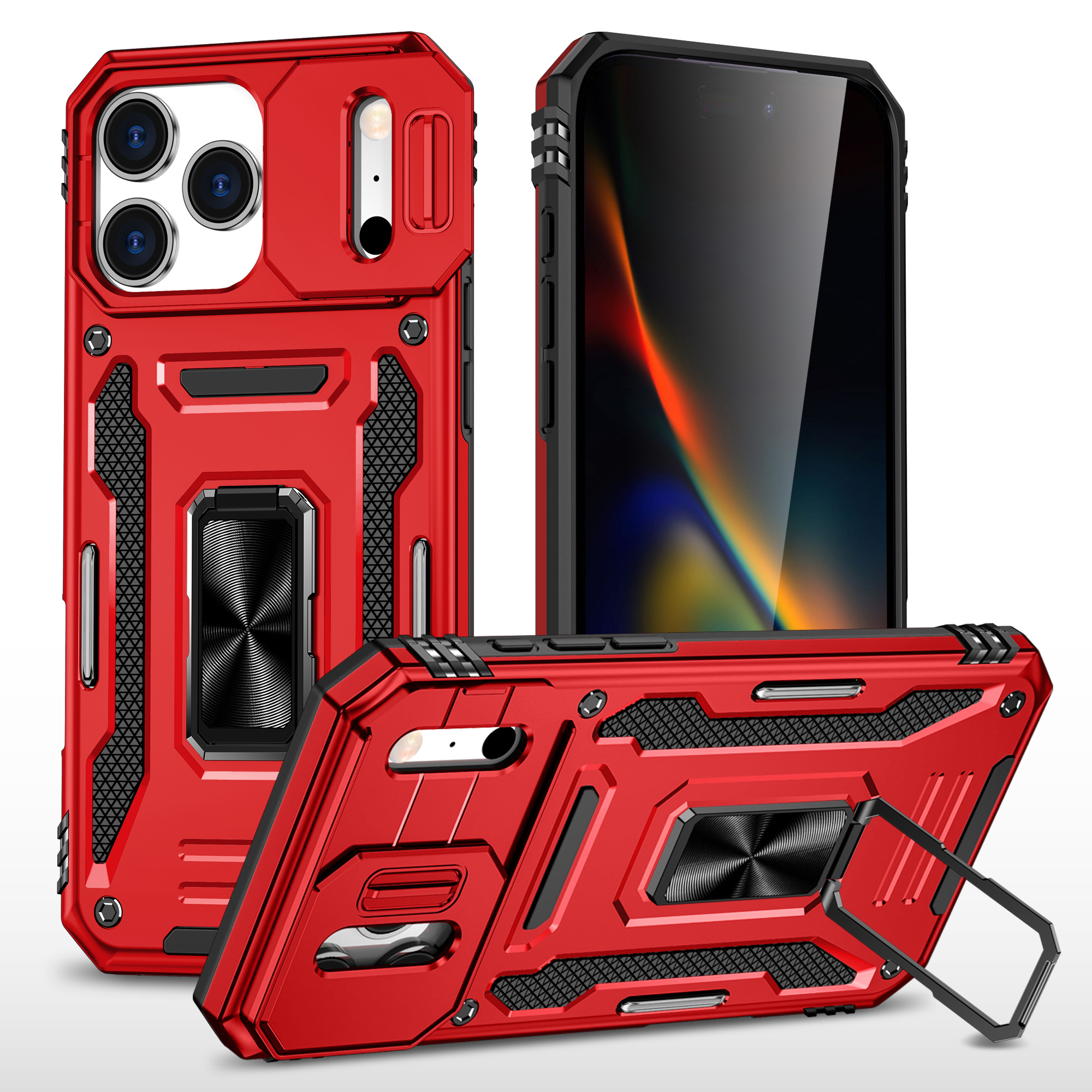 For iPhone 17 Pro Max Case Kickstand Slide Lens Lid PC + TPU Drop-Proof Phone Cover - Red