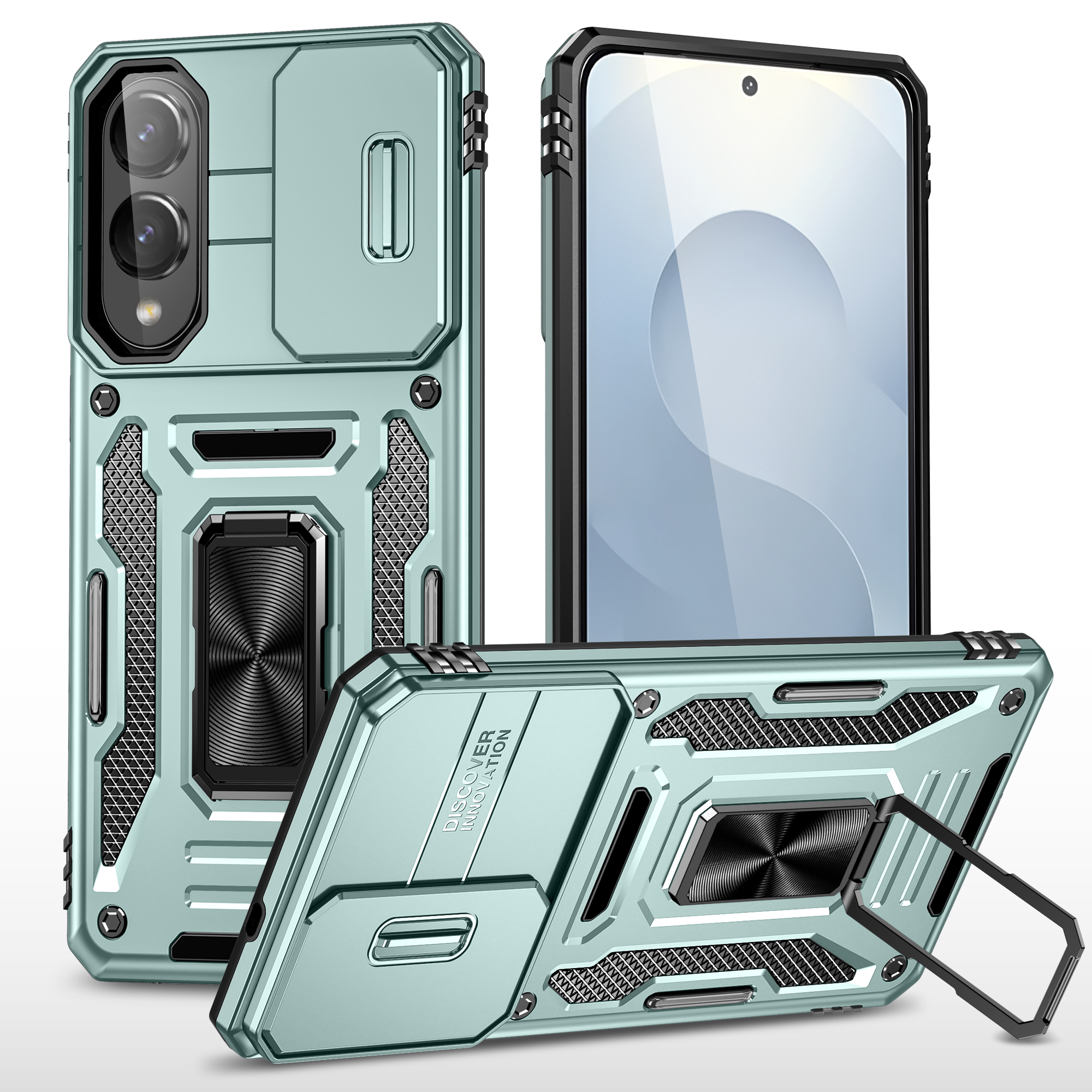 For Samsung Galaxy S25 Edge Case Kickstand Slide Lens Lid PC + TPU Drop-Proof Phone Cover - Green