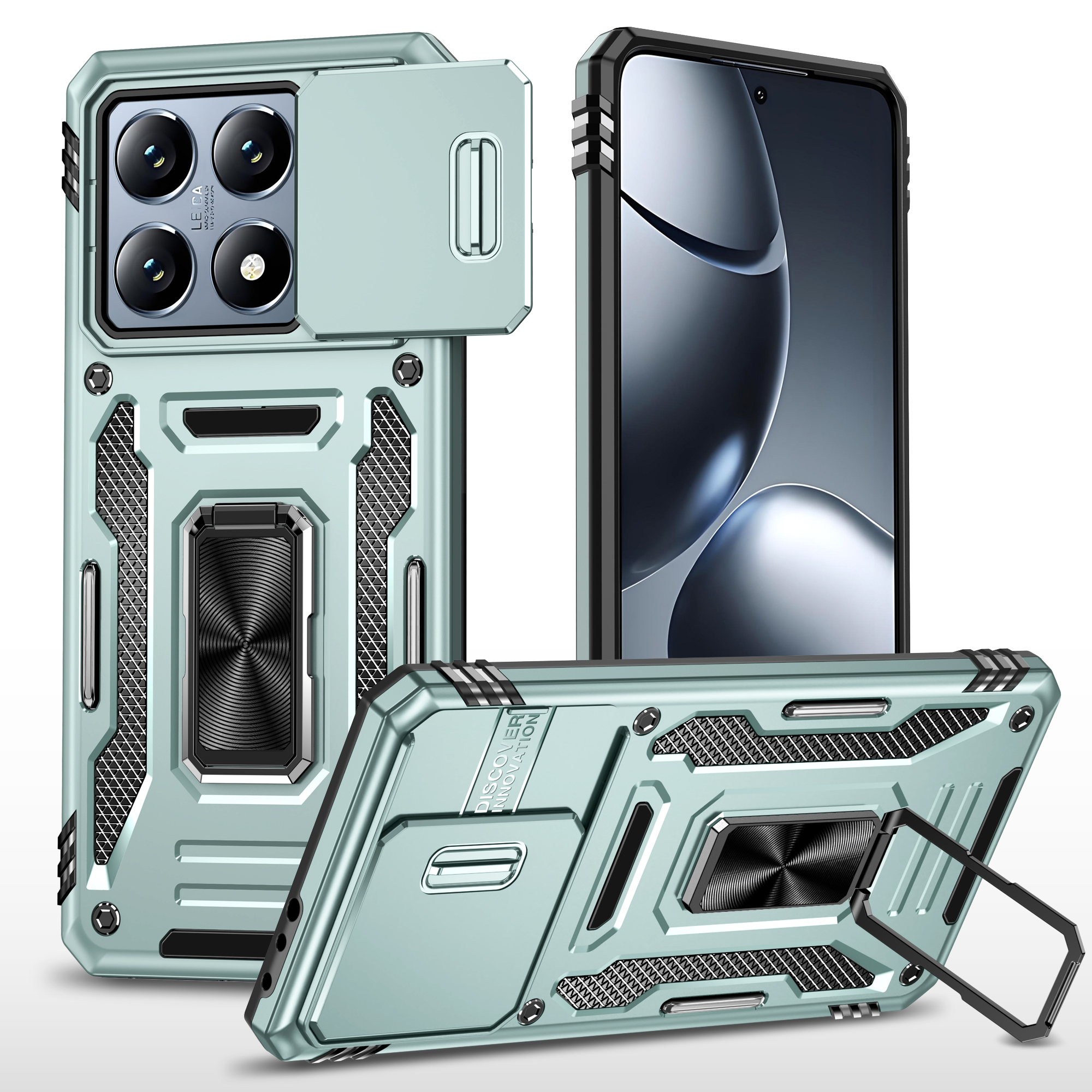 For Xiaomi 14T Case Kickstand Slide Lens Lid PC + TPU Drop-Proof Phone Cover - Green