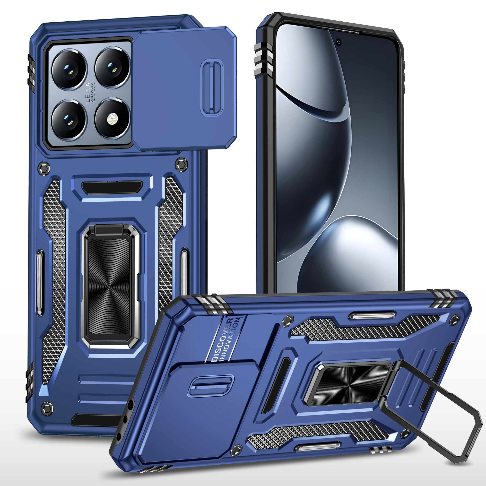 For Xiaomi 14T Case Kickstand Slide Lens Lid PC + TPU Drop-Proof Phone Cover - Navy Blue