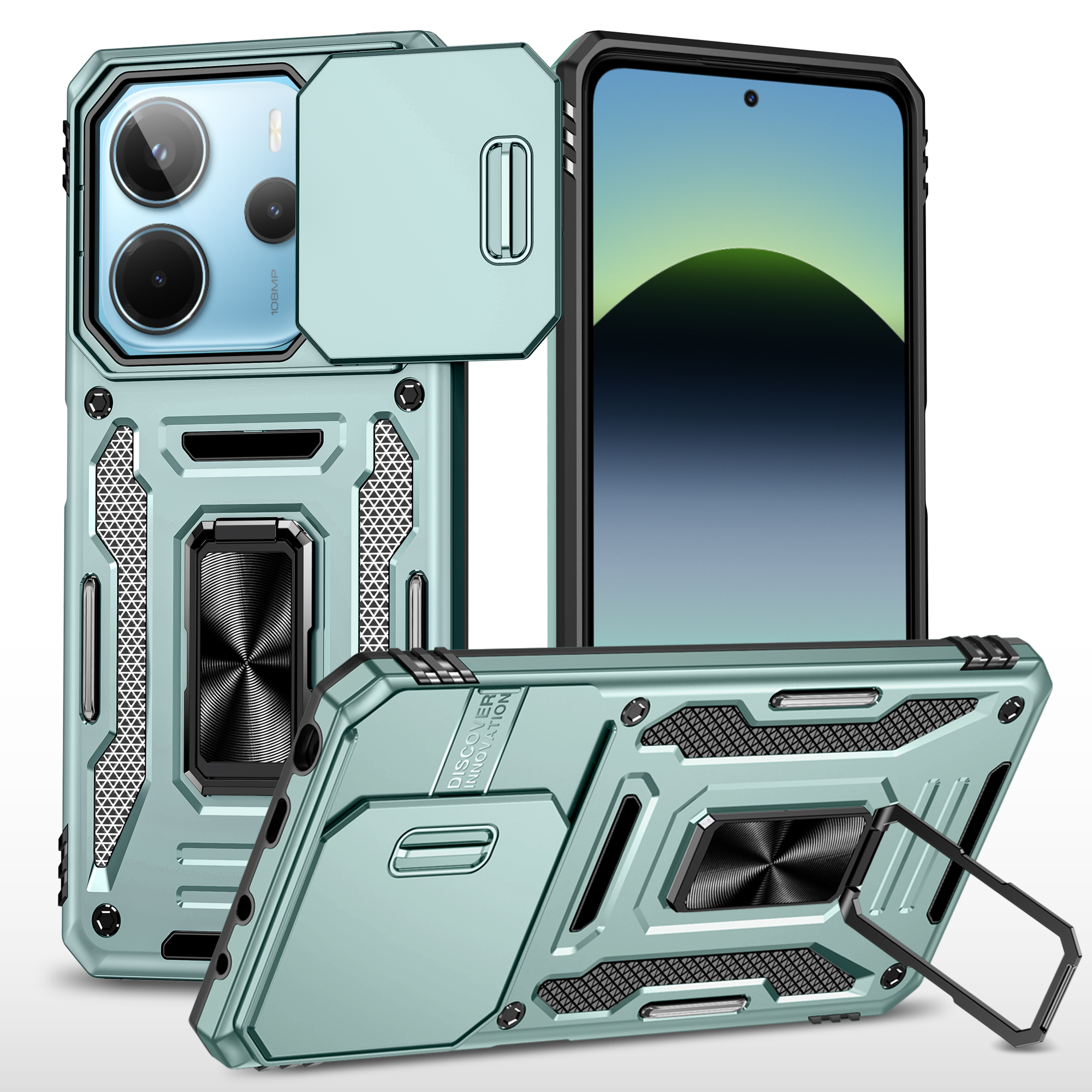 For Xiaomi Redmi Note 14 4G (163.25mm) / 14 5G Case Kickstand Slide Lens Lid PC + TPU Drop-Proof Phone Cover - Green