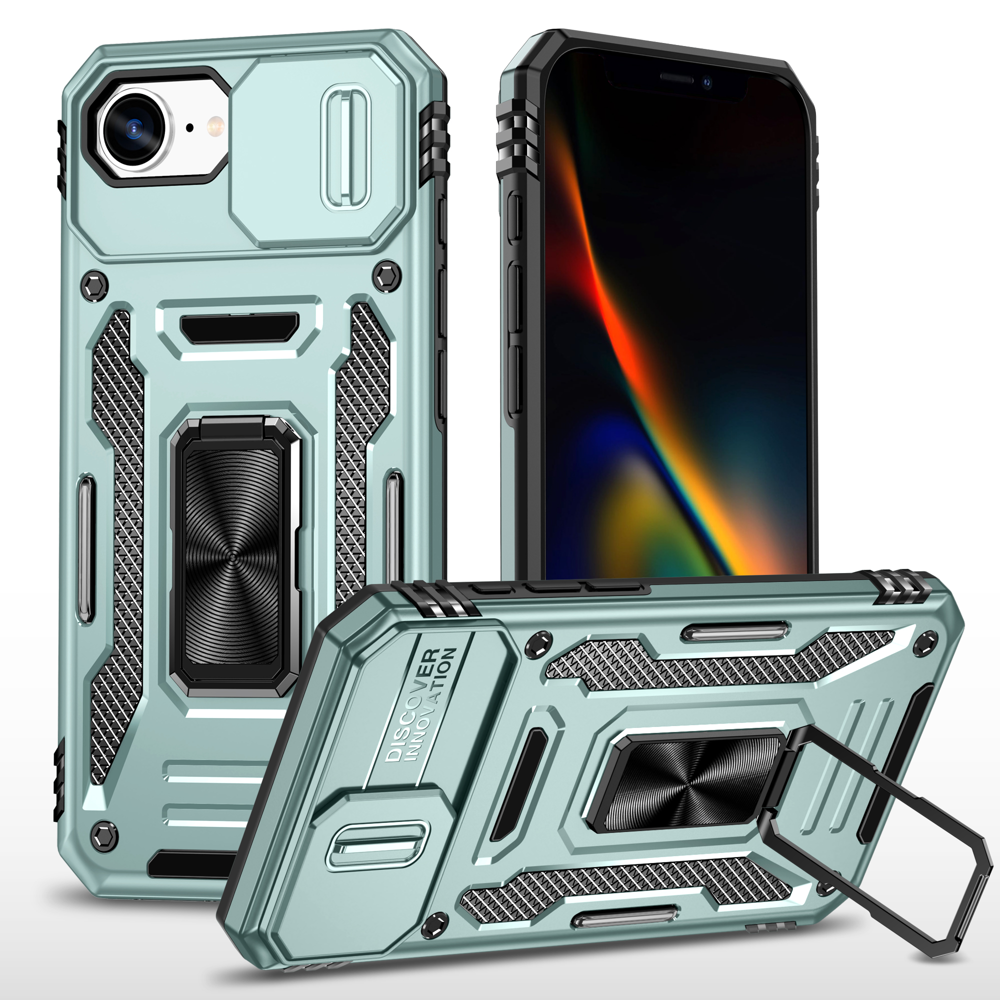 For iPhone 17e / 16e Case Kickstand Slide Lens Lid PC + TPU Drop-Proof Phone Cover - Green