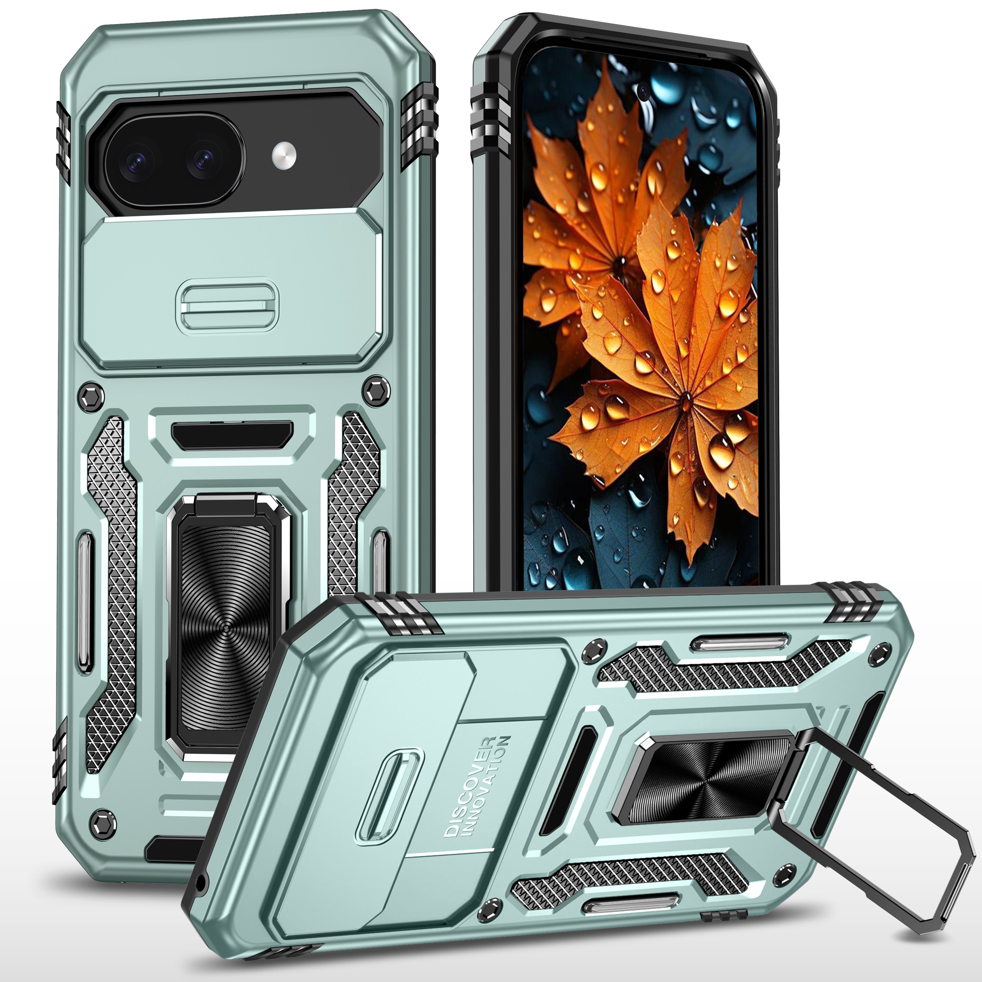 For Google Pixel 9a Case Kickstand Slide Lens Lid PC + TPU Drop-Proof Phone Cover - Green