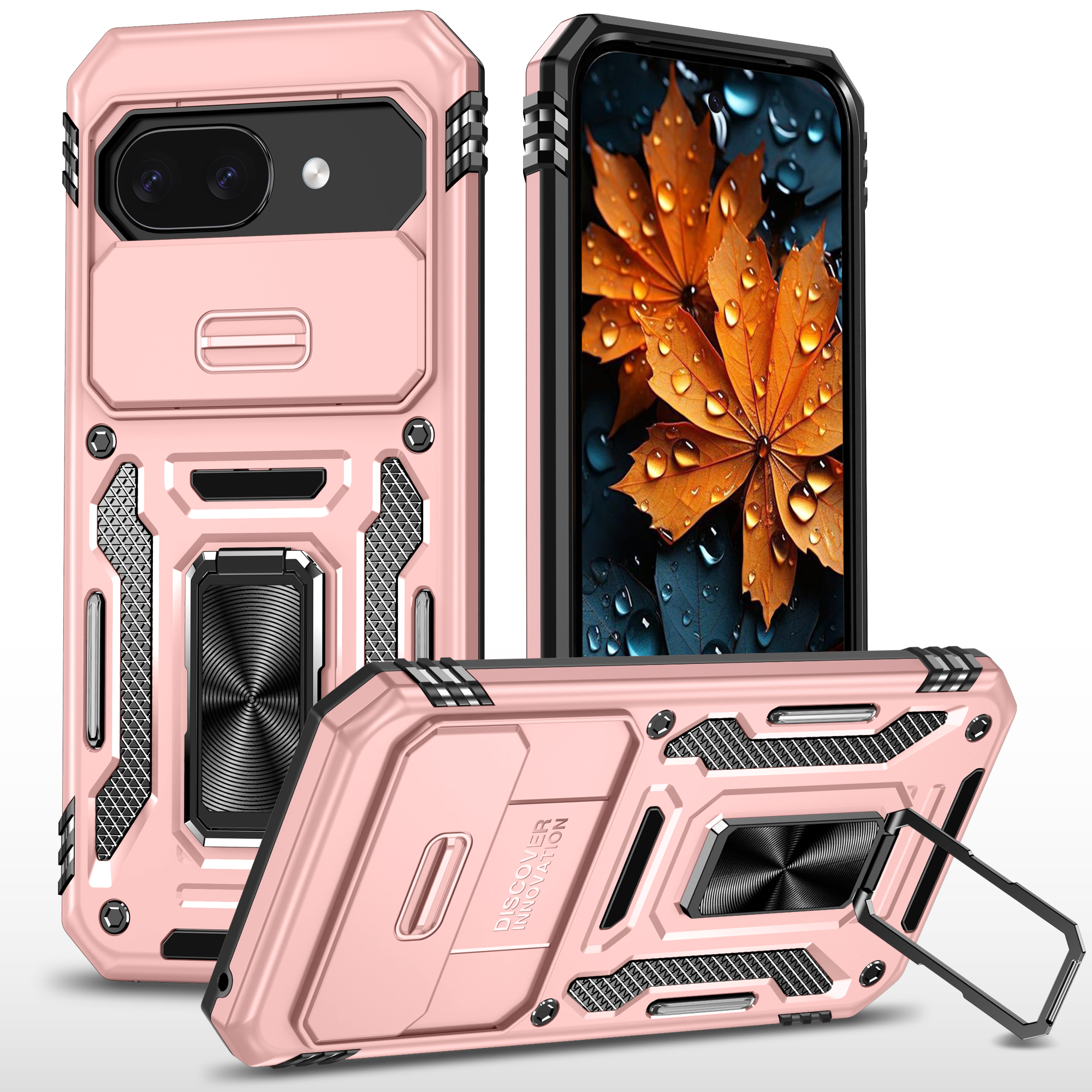 For Google Pixel 9a Case Kickstand Slide Lens Lid PC + TPU Drop-Proof Phone Cover - Rose Gold