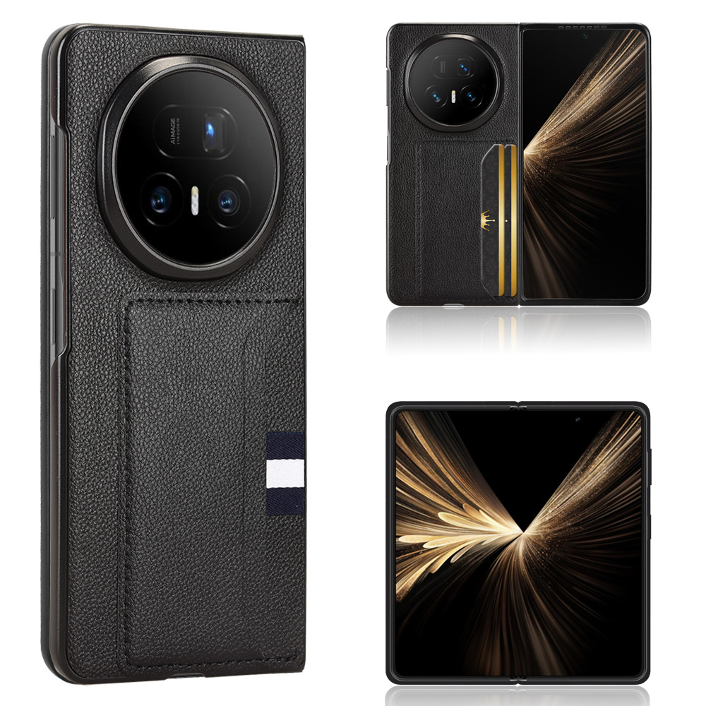 For Honor Magic V5 5G Case Card Holder Litchi Texture Leather + PC Phone Cover - Black