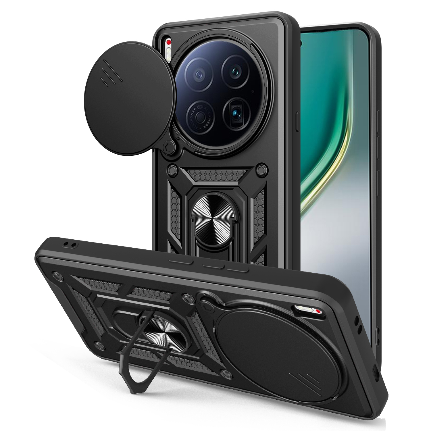 For TECNO Camon 40 Premier 5G Case with Slide Camera Lid PC + TPU Kickstand Phone Cover - Black