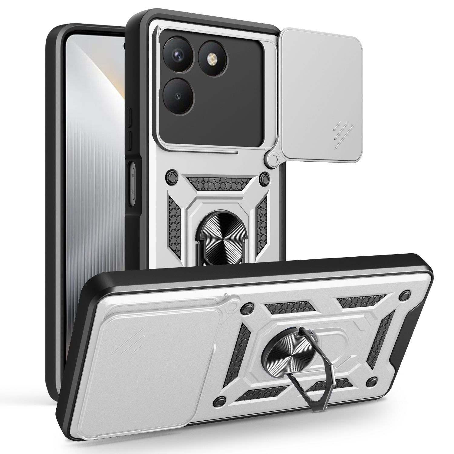 For TECNO Pova 7 4G Case with Slide Camera Lid PC + TPU Kickstand Phone Cover - Silver