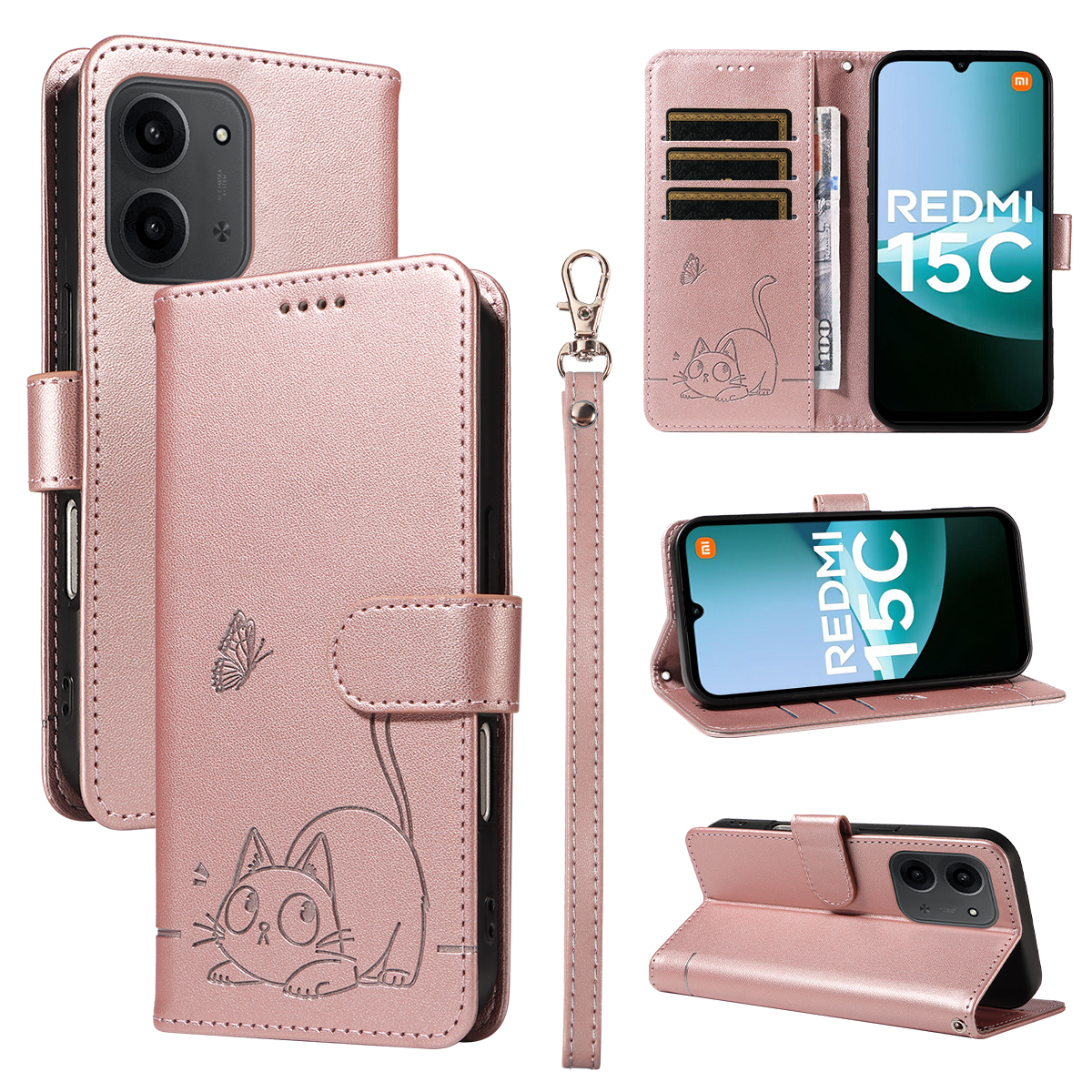 For Xiaomi Redmi 15C 5G (EU) (173mm) / 15C 4G (EU) (173mm) Case Cat Pattern Imprint Leather Phone Cover with Wrist Strap - Rose Gold