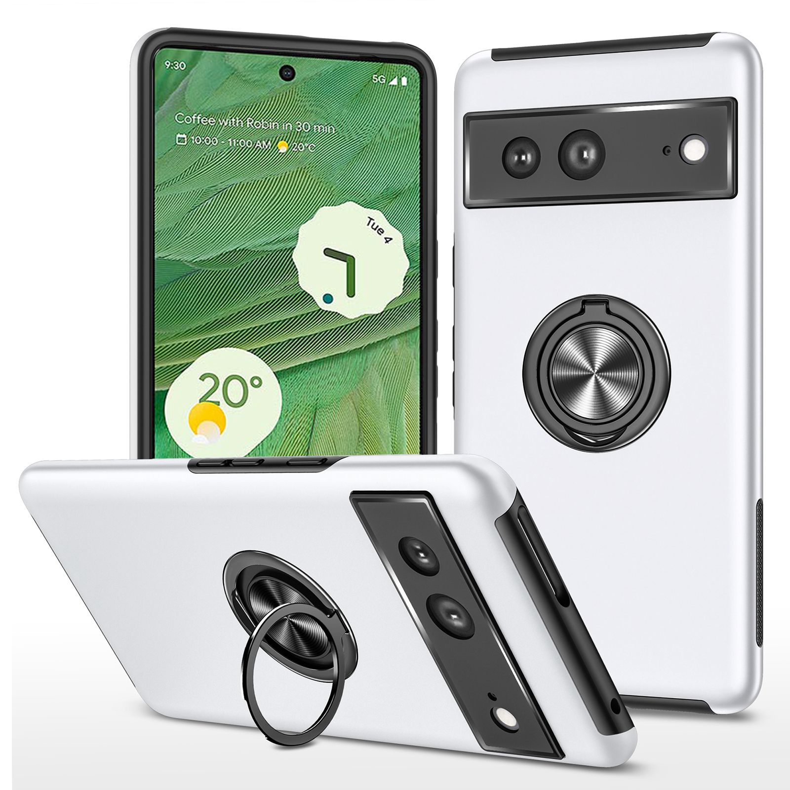 

Für Google Pixel 7 5G Ring Kickstand Armor Phone Hülle Hartes PC Soft TPU Stoßfänger Stoßdämpfer Schutzschutzabdeckung - Silber-, Google Pixel 7 5G