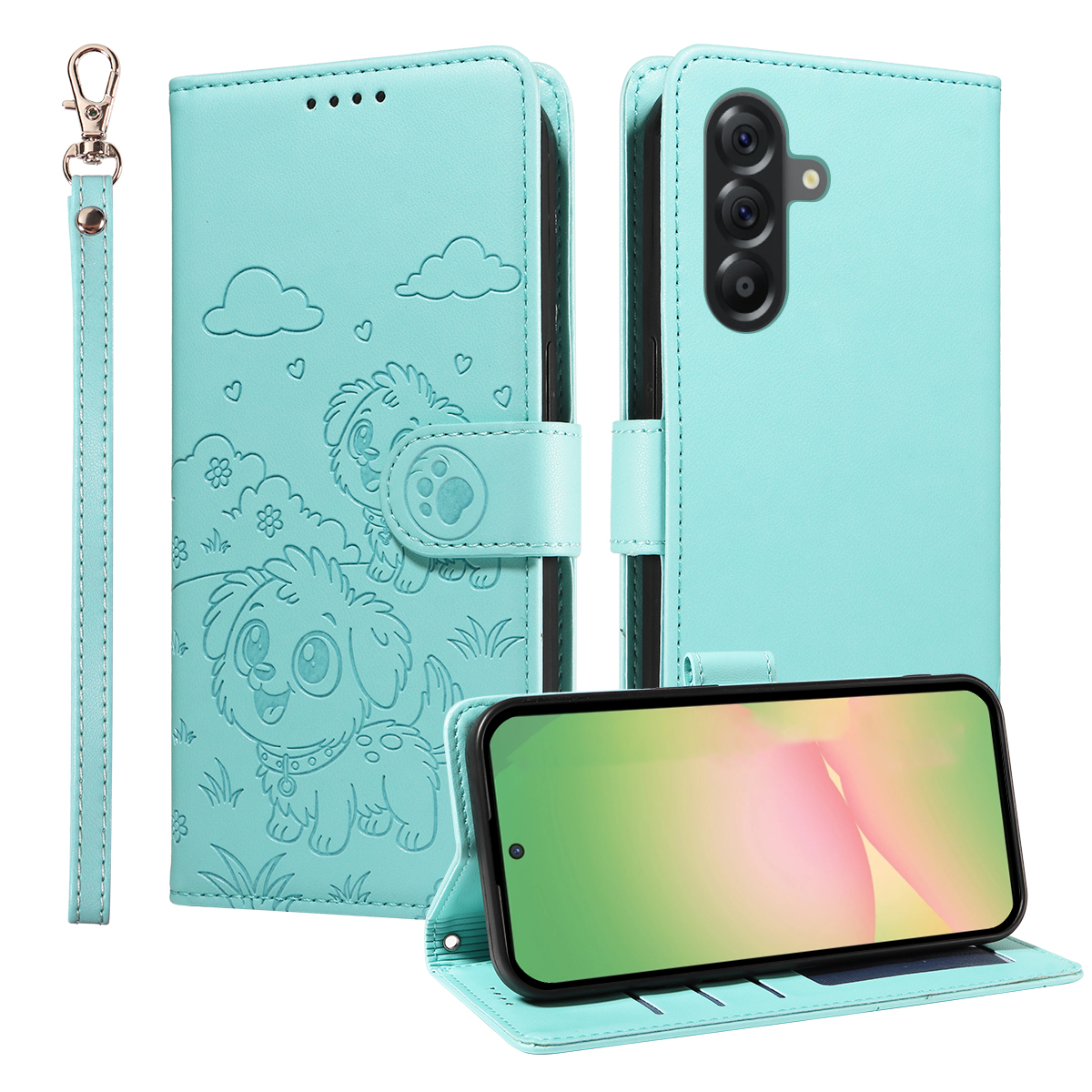 For Samsung Galaxy A56 5G Case RFID Blocking Imprint Dog Pattern PU Leather Phone Cover with Wrist Strap - Green