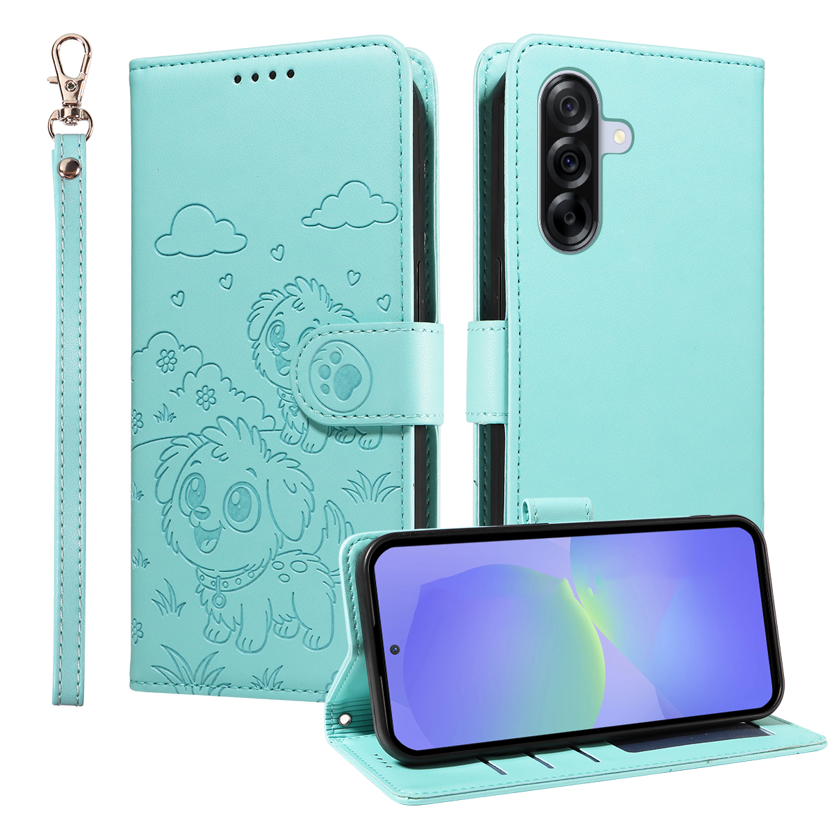 For Samsung Galaxy A36 5G Case RFID Blocking Imprint Dog Pattern PU Leather Phone Cover with Wrist Strap - Green