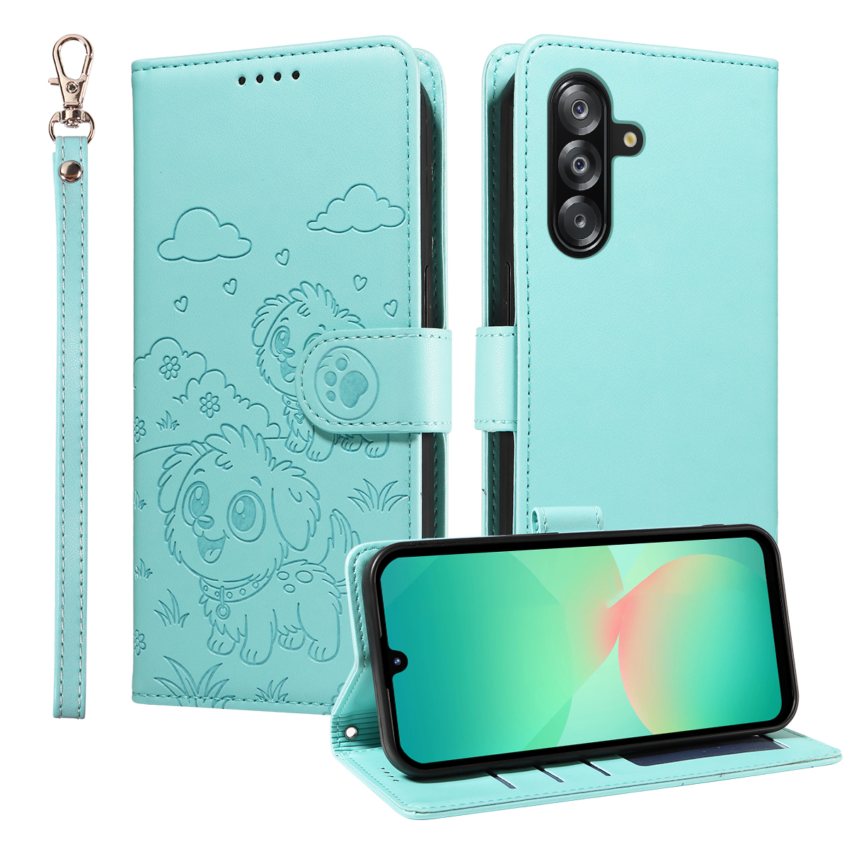 For Samsung Galaxy A16 4G / A16 5G / A26 5G / A17 5G / A17 4G Case RFID Blocking Imprint Dog Pattern PU Leather Phone Cover with Wrist Strap - Green