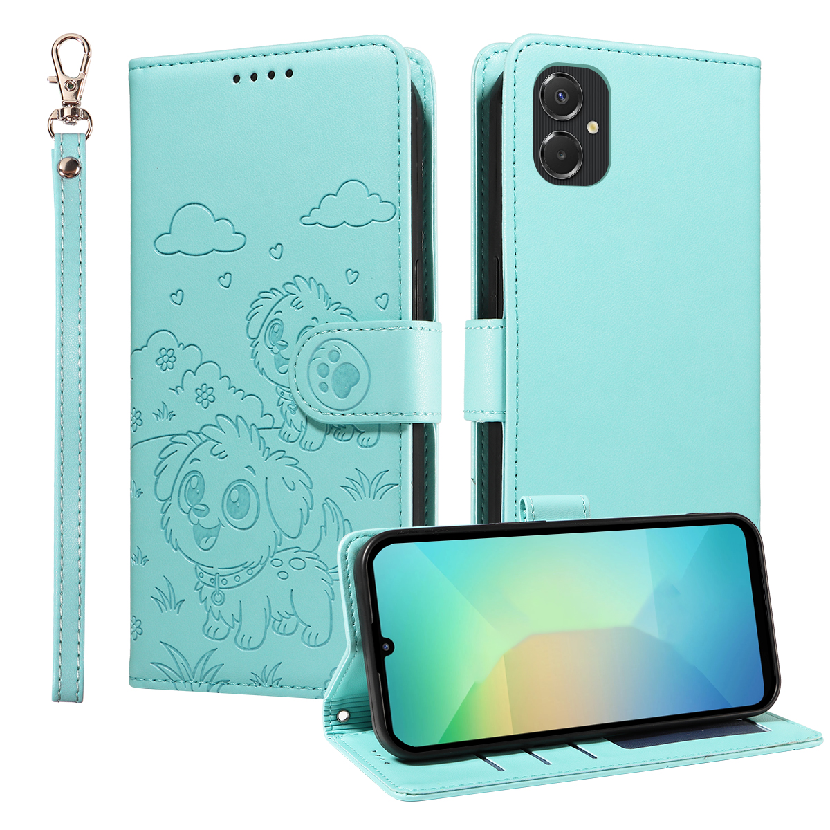 For Samsung Galaxy A06 4G / A06 5G / F06 5G / M06 5G / A07 4G Case RFID Blocking Imprint Dog Pattern PU Leather Phone Cover with Wrist Strap - Green