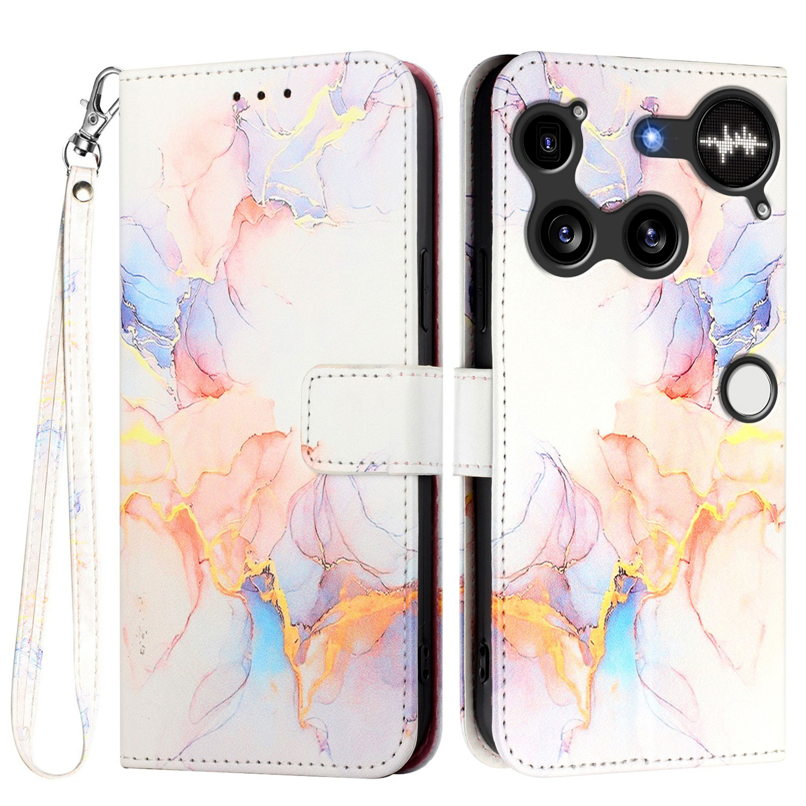 For Nothing Phone (3) 5G Case with Strap Marble Pattern Leather Phone Cover Card Holder - Milky Way Marble White LS004