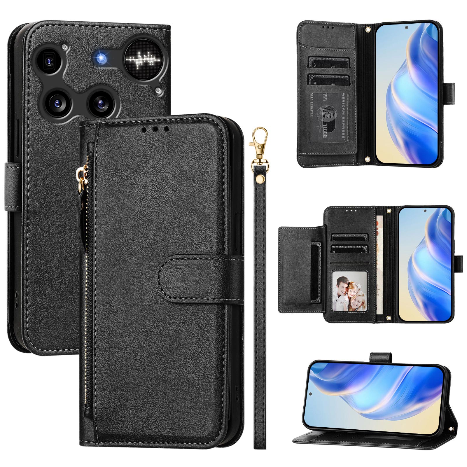 For Nothing Phone (3) 5G Case Zipper Pocket Multiple Card Slots Leather Phone Cover - Black