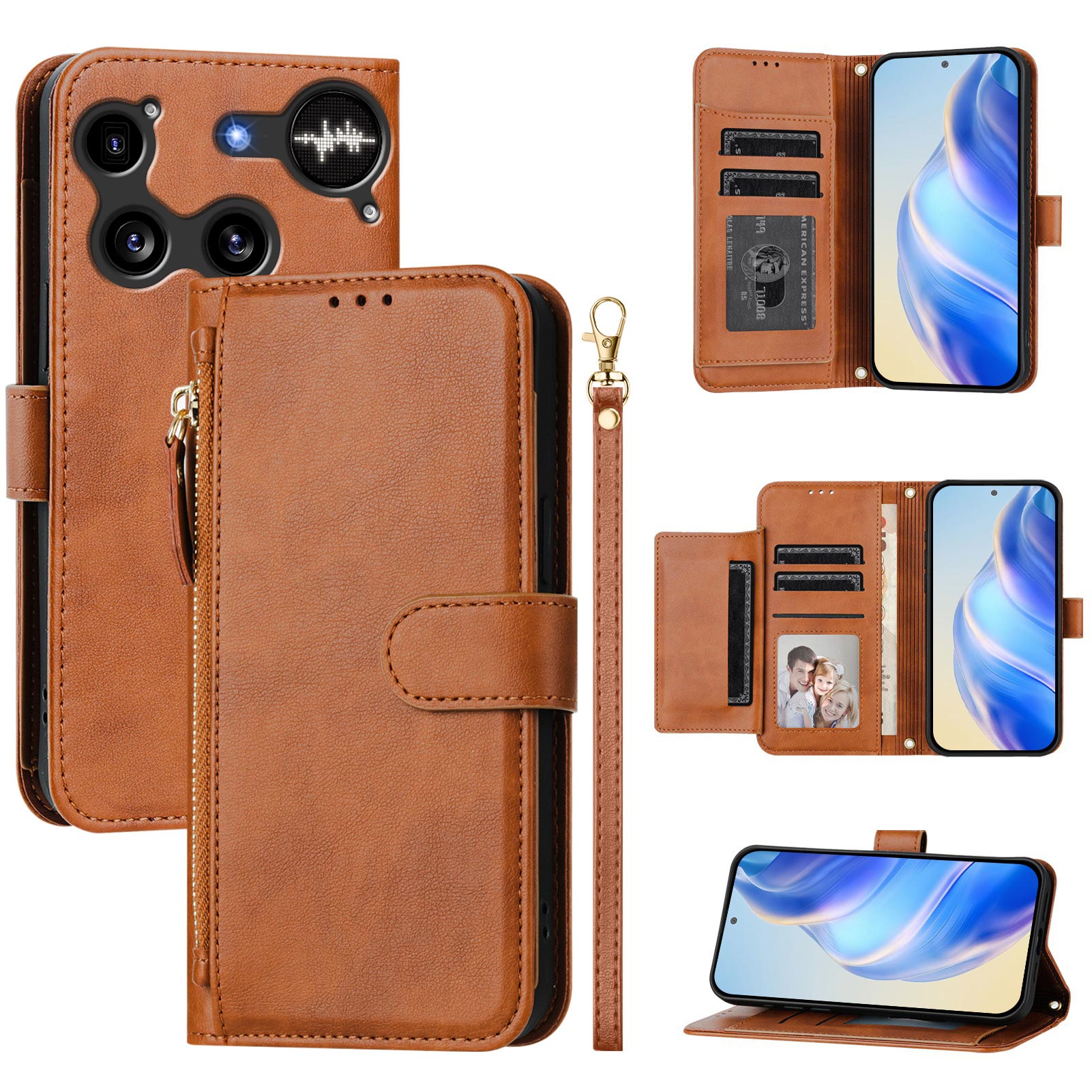 For Nothing Phone (3) 5G Case Zipper Pocket Multiple Card Slots Leather Phone Cover - Brown
