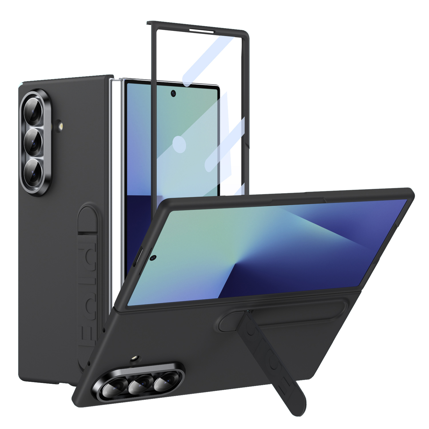 For Samsung Galaxy Z Fold7 5G Phone Case Kickstand PC Cover with Tempered Glass Screen Protector - Black