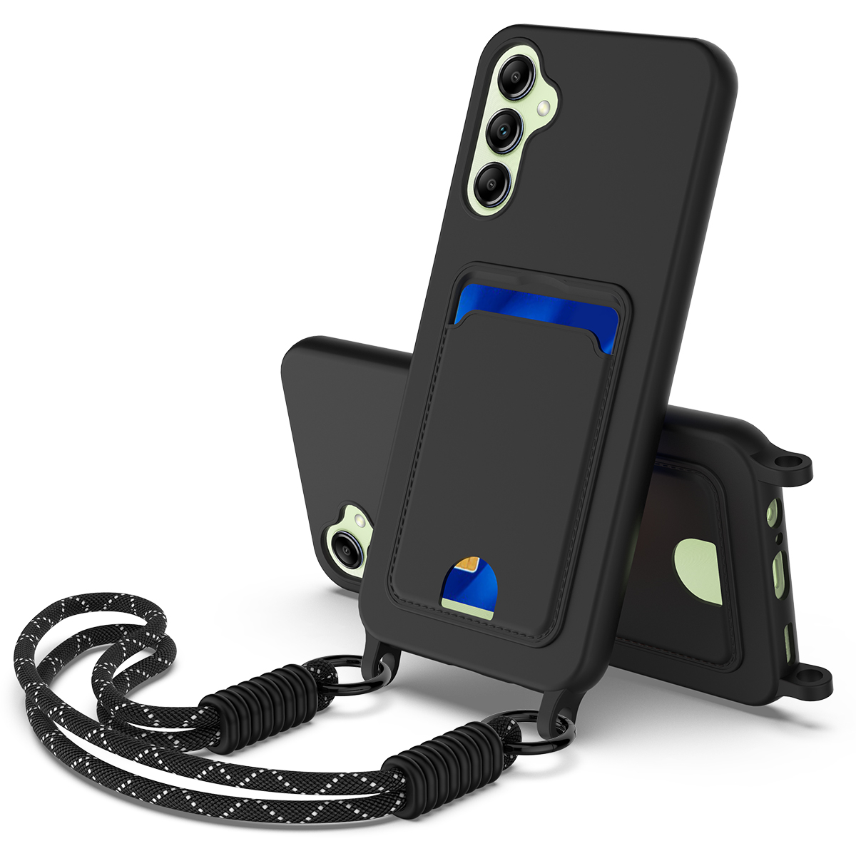 For Samsung Galaxy A16 5G / Galaxy A16 4G Liquid Silicone Case  Phone Back Cover with Card Holder and Short Strap - Black