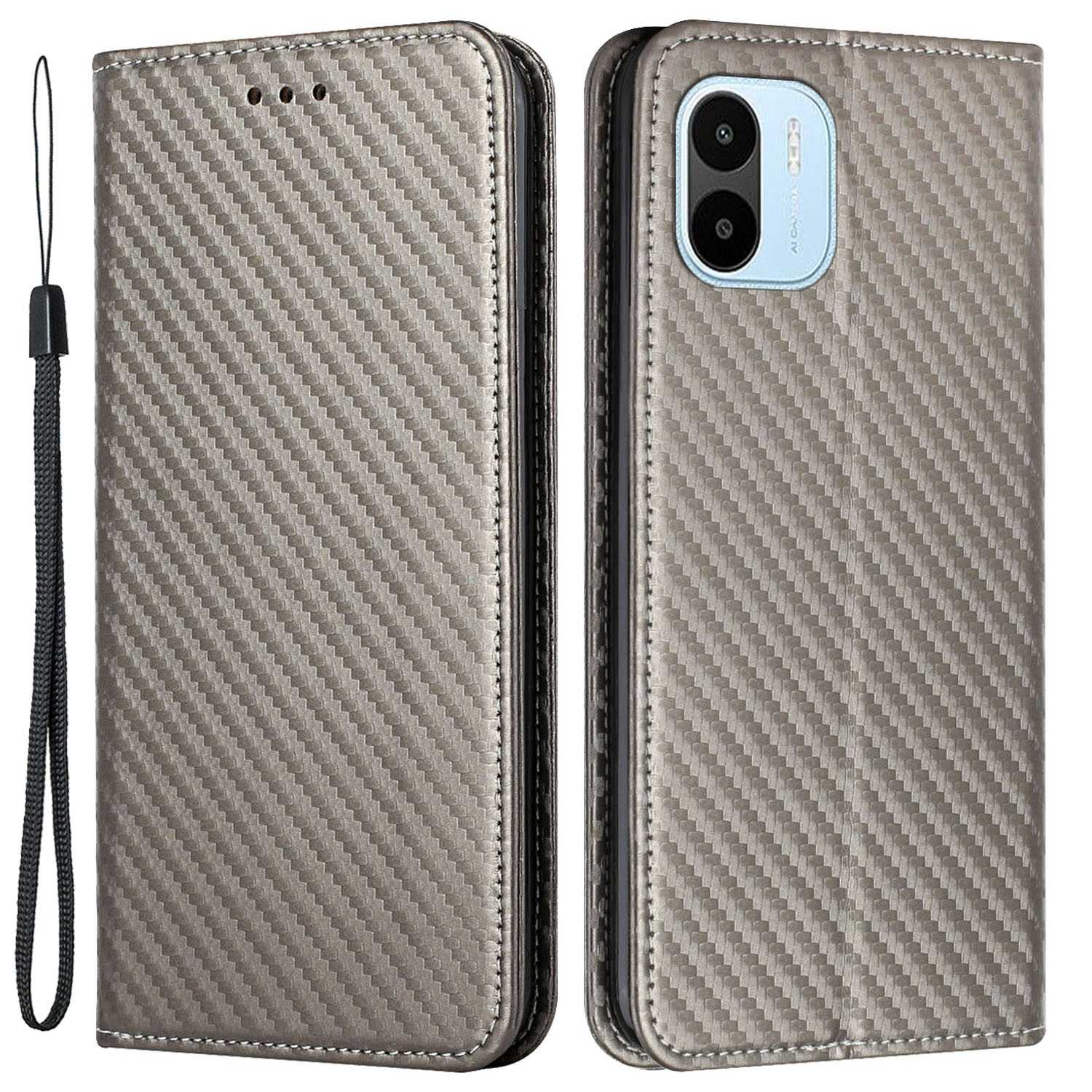 

Kohlefasertextur PU Leder -telefonhülle Für Xiaomi Redmi A1 4G, Brieftaschenständer Magnetische Autoschließdockdelefonabdeckung Mit Handgelenkriemen - Grau, Xiaomi Redmi A2 4G