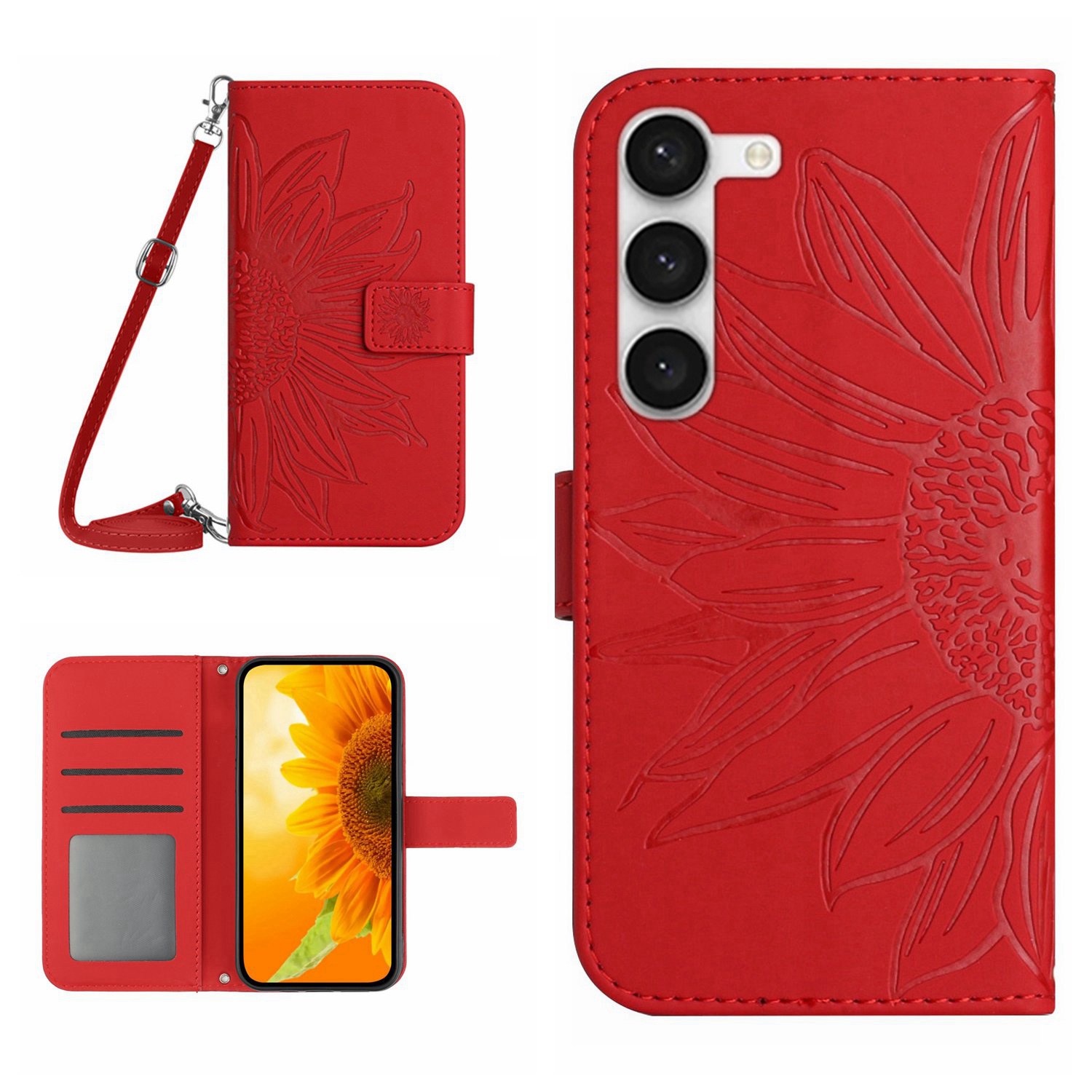 

For Samsung Galaxy S23 HT04 Imprinted Sunflower Wallet Case Skin-Touch PU Leather Stand Magnetic Clasp Phone Cover with Shoulder Strap - Red, Galaxy S23