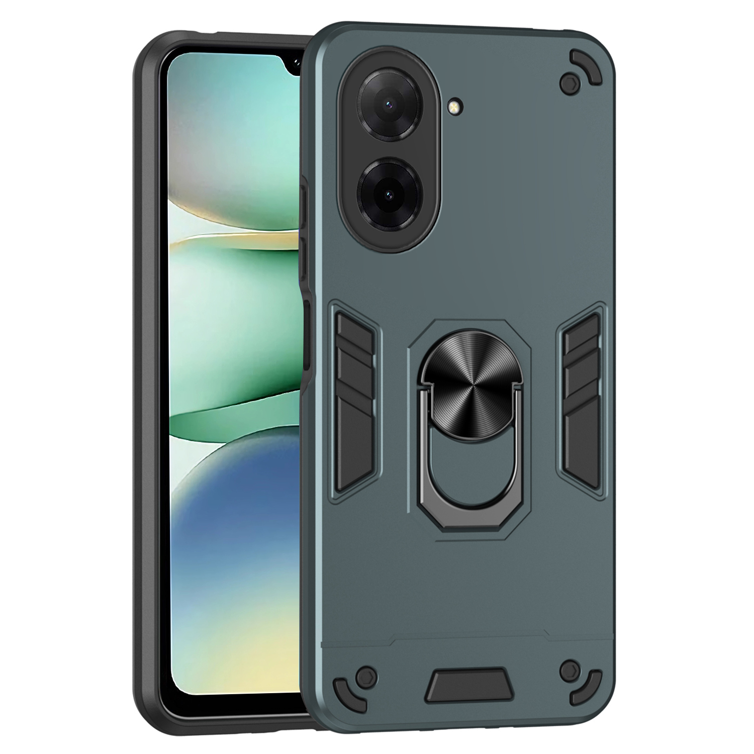 For Xiaomi Redmi A5 4G (171.7mm) / Poco C71 4G Case PC + TPU Drop Defend Phone Cover with Ring Kickstand - Green