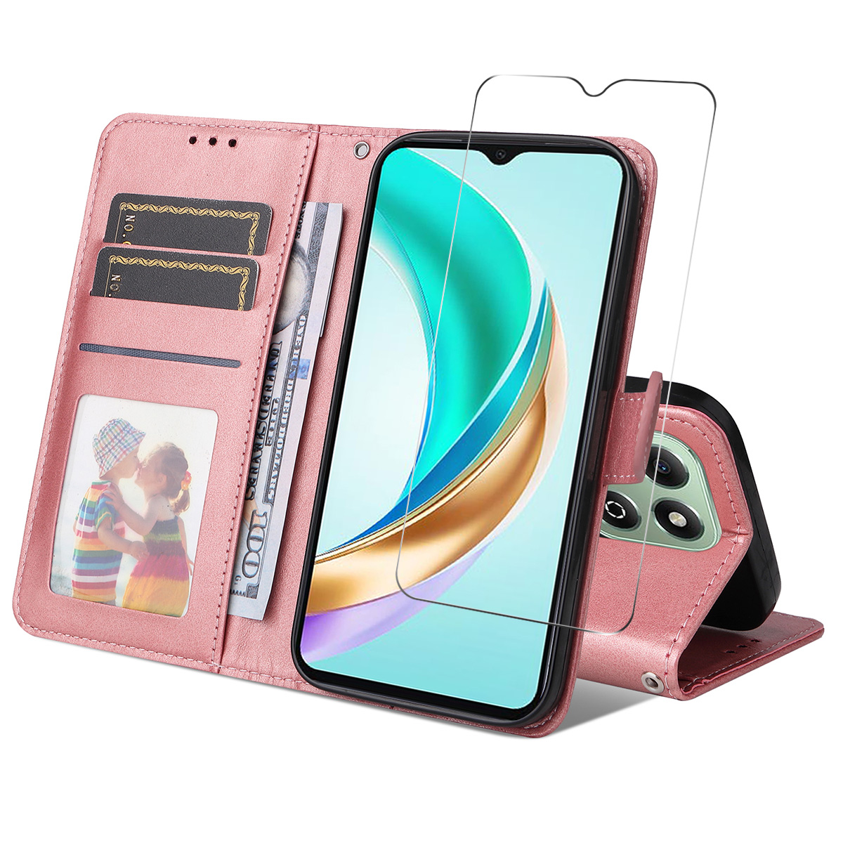 ENKAY HAT PRINCE For Honor X6b 4G / Honor X5b Plus / Honor X6c 4G PU Leather Wallet Case   Phone Stand Cover with Tempered Glass - Pink