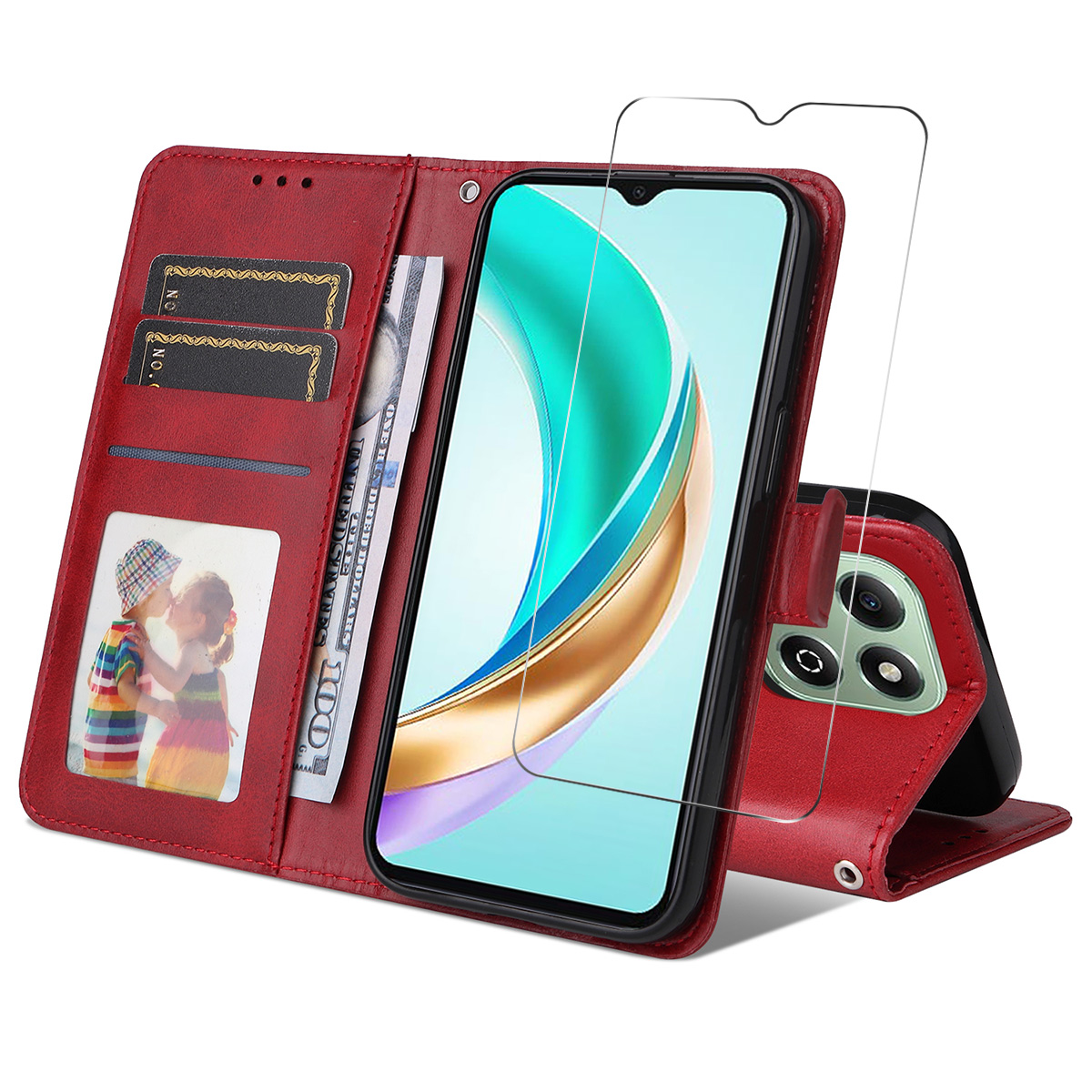 ENKAY HAT PRINCE For Honor X6b 4G / Honor X5b Plus / Honor X6c 4G PU Leather Wallet Case   Phone Stand Cover with Tempered Glass - Red