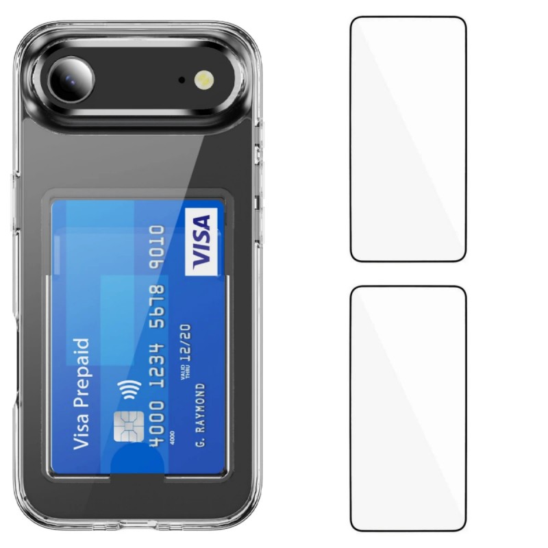 For iPhone Air Clear Phone Case with 2Pcs Screen Film WANLONFENG CK1 Series Card Holder Cover (Big Lens Hole) - Transparent
