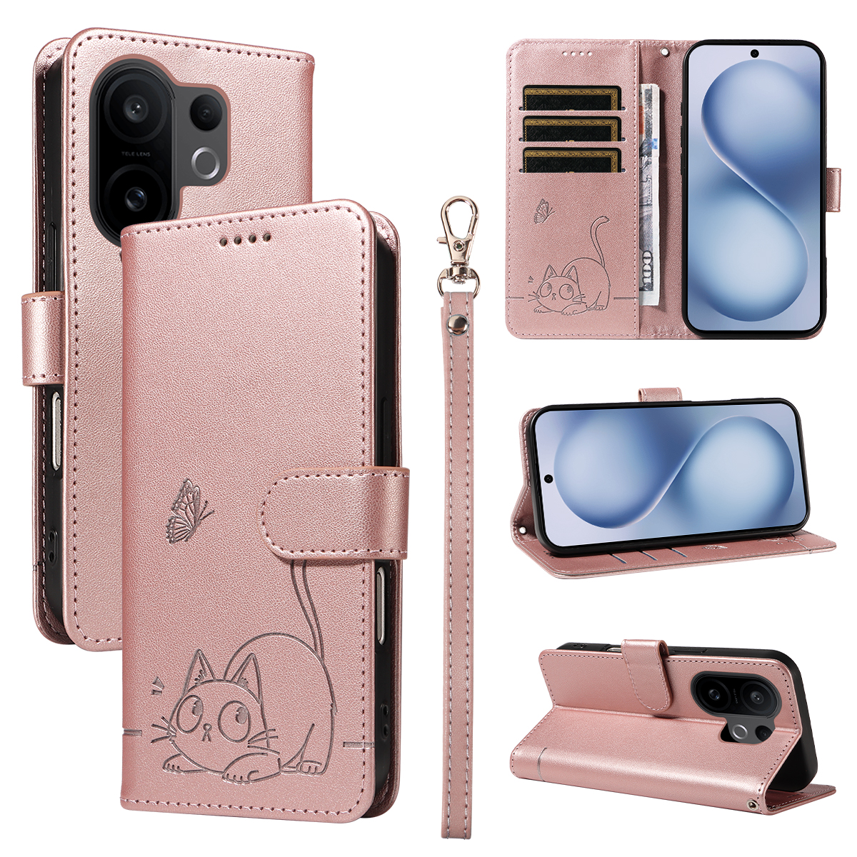 For vivo X200 FE 5G / vivo S30 Pro mini 5G Case Cat Pattern Imprint Leather Phone Cover with Wrist Strap - Rose Gold