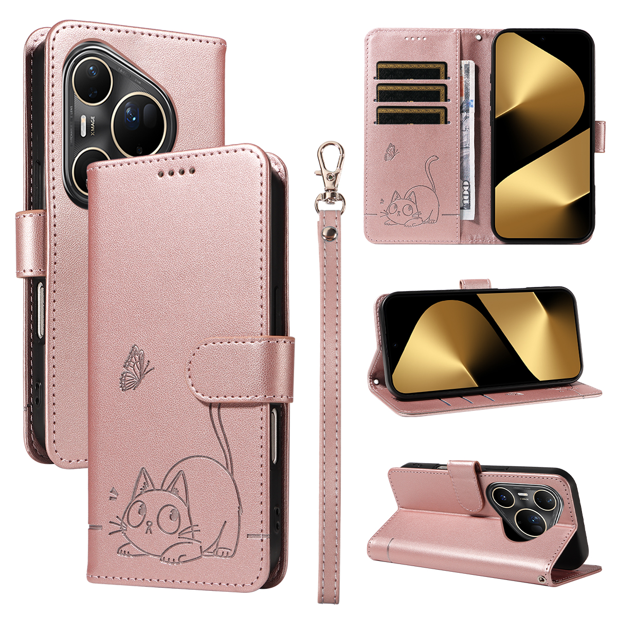 For Huawei Pura 80 Ultra Case Cat Pattern Imprint Leather Phone Cover with Wrist Strap - Rose Gold