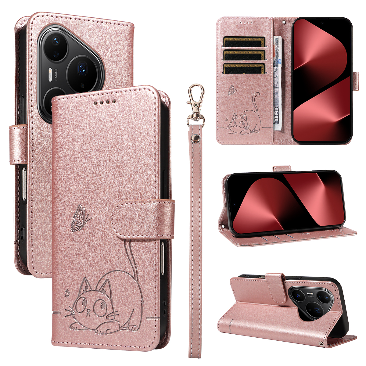 For Huawei Pura 80 Pro+ / Huawei Pura 80 Pro Case Cat Pattern Imprint Leather Phone Cover with Wrist Strap - Rose Gold